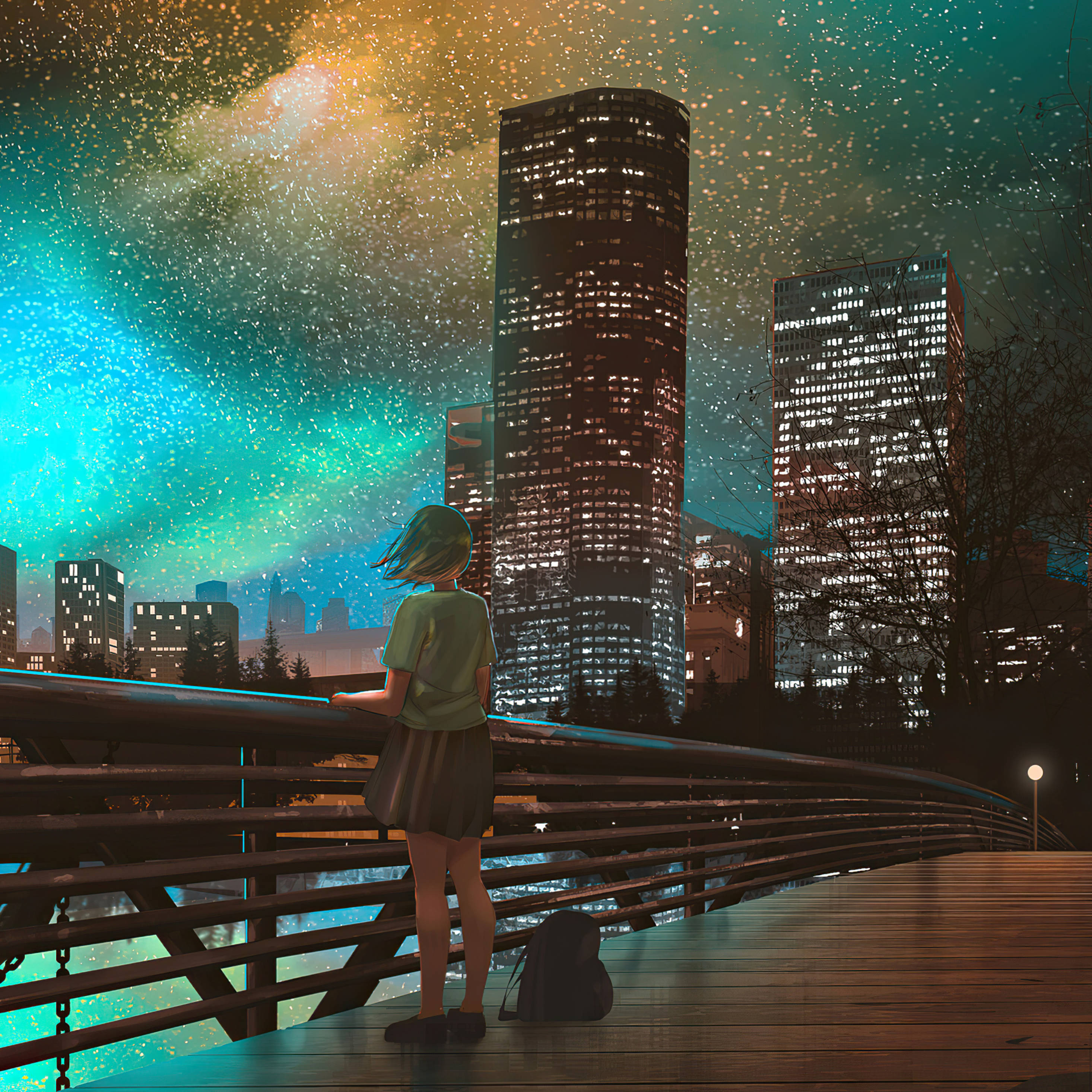 Encantadora noche estrellada de anime sobre una ciudad bulliciosa Fondos de pantalla