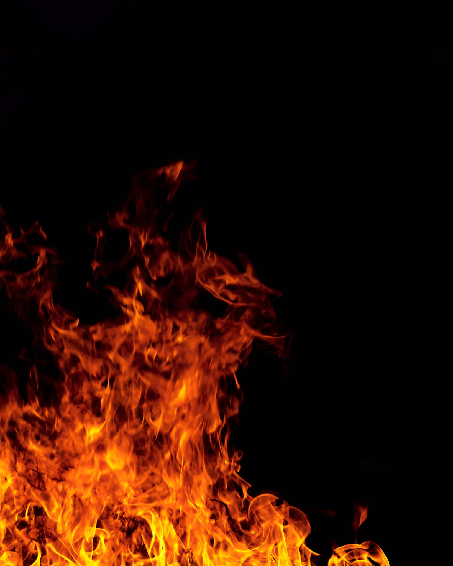 Fuego ardiente con llamas rojas y anaranjadas quemando en la oscuridad.