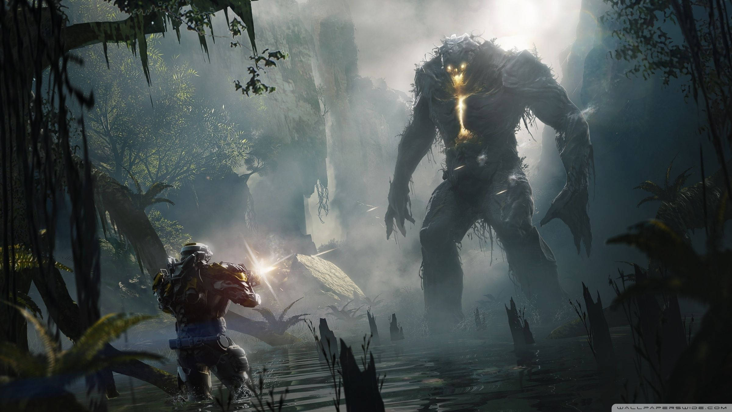 Enfrentamiento entre Javelin y el enemigo en el épico juego de ciencia ficción, Anthem. Fondos de pantalla
