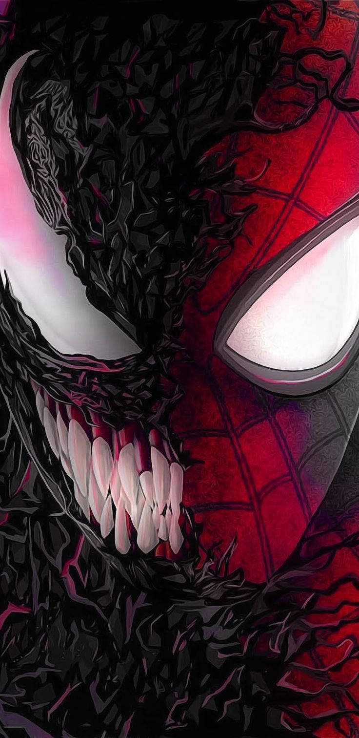 Mitad cara normal de Spiderman y mitad cara aterradora de Venom con dientes afilados.
