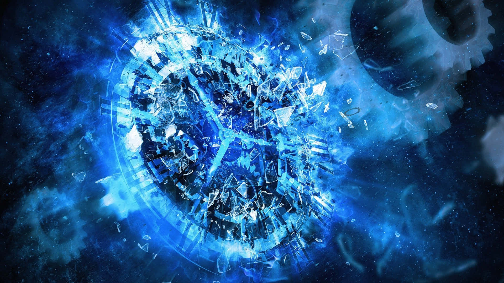 Engranajes de reloj azul neón en vidrio fracturado Fondos de pantalla