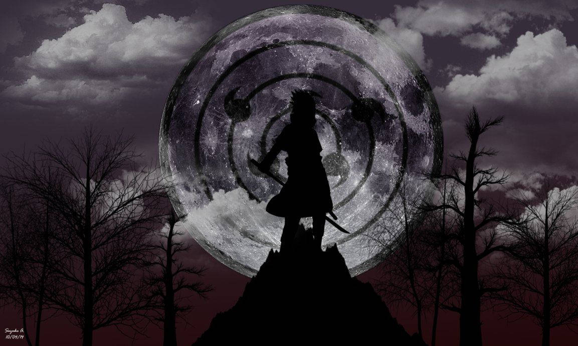 Fondo de pantalla de Sasuke Uchiha con la luna llena proyectando el genjutsu Tsukuyomi Infinito