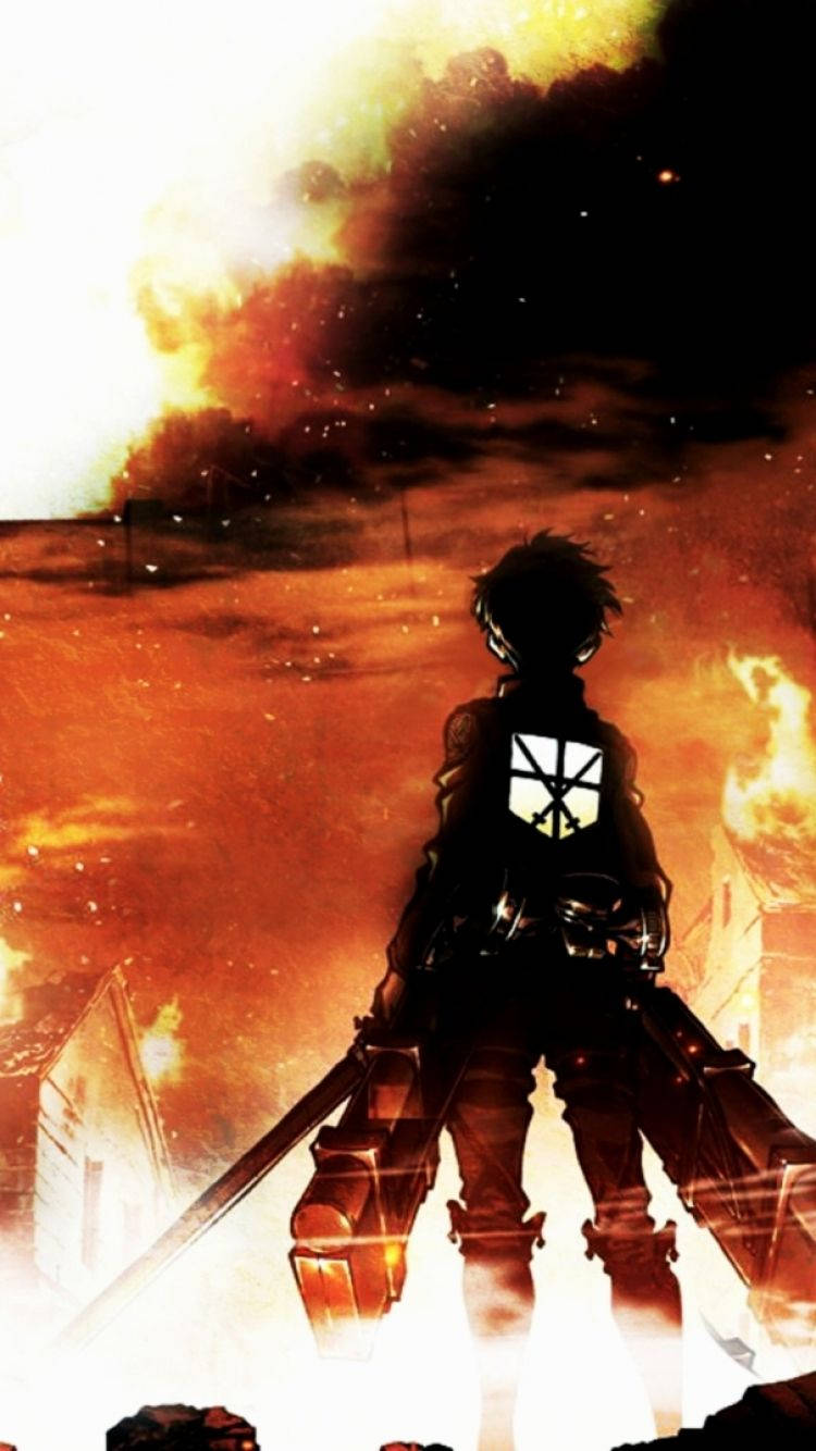 Vista trasera de Eren Jaeger con humo y fuego ondulantes en un fondo de pantalla de Attack On Titan.