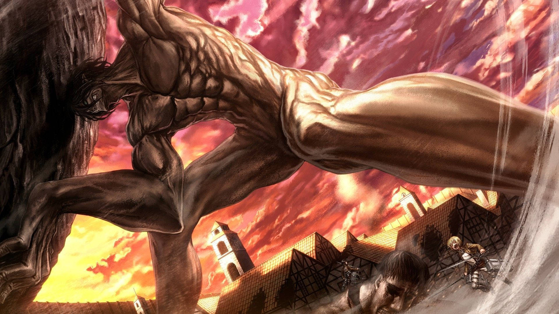 Fondo de pantalla de Attack On Titan del Titán Eren cargando una roca para cerrar el agujero en el Distrito Trost.