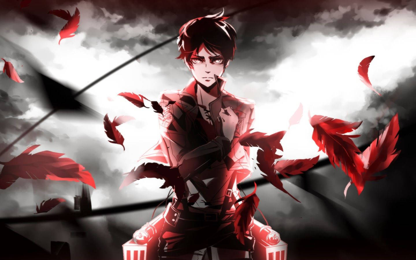 Eren Jaeger haciendo el saludo con plumas rojas flotando en un fondo de arte de fan de Attack on Titan.