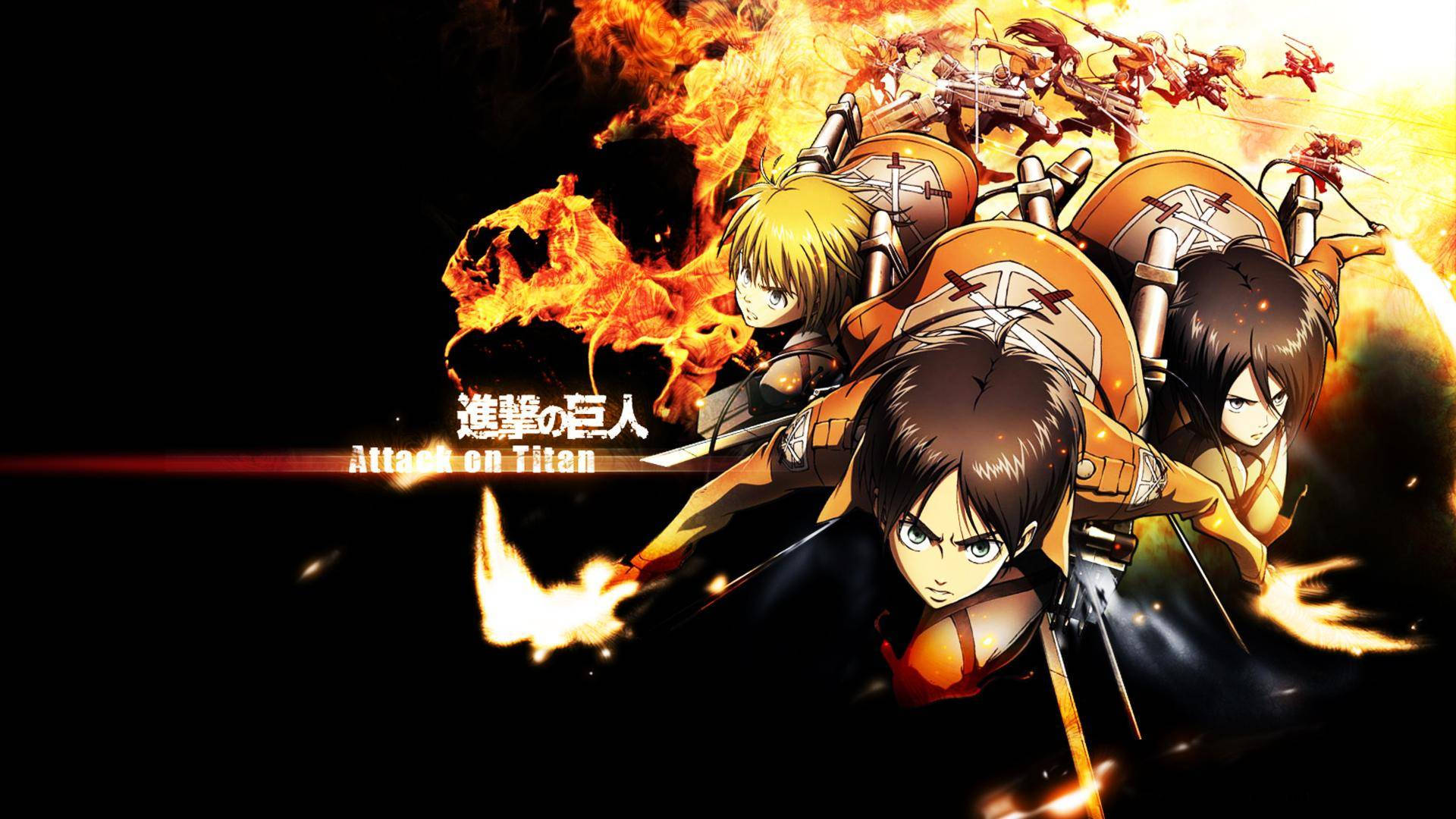 Eren, Mikasa y Armin del anime Attack on Titan con un rastro de fuego ardiente en fondo de pantalla.
