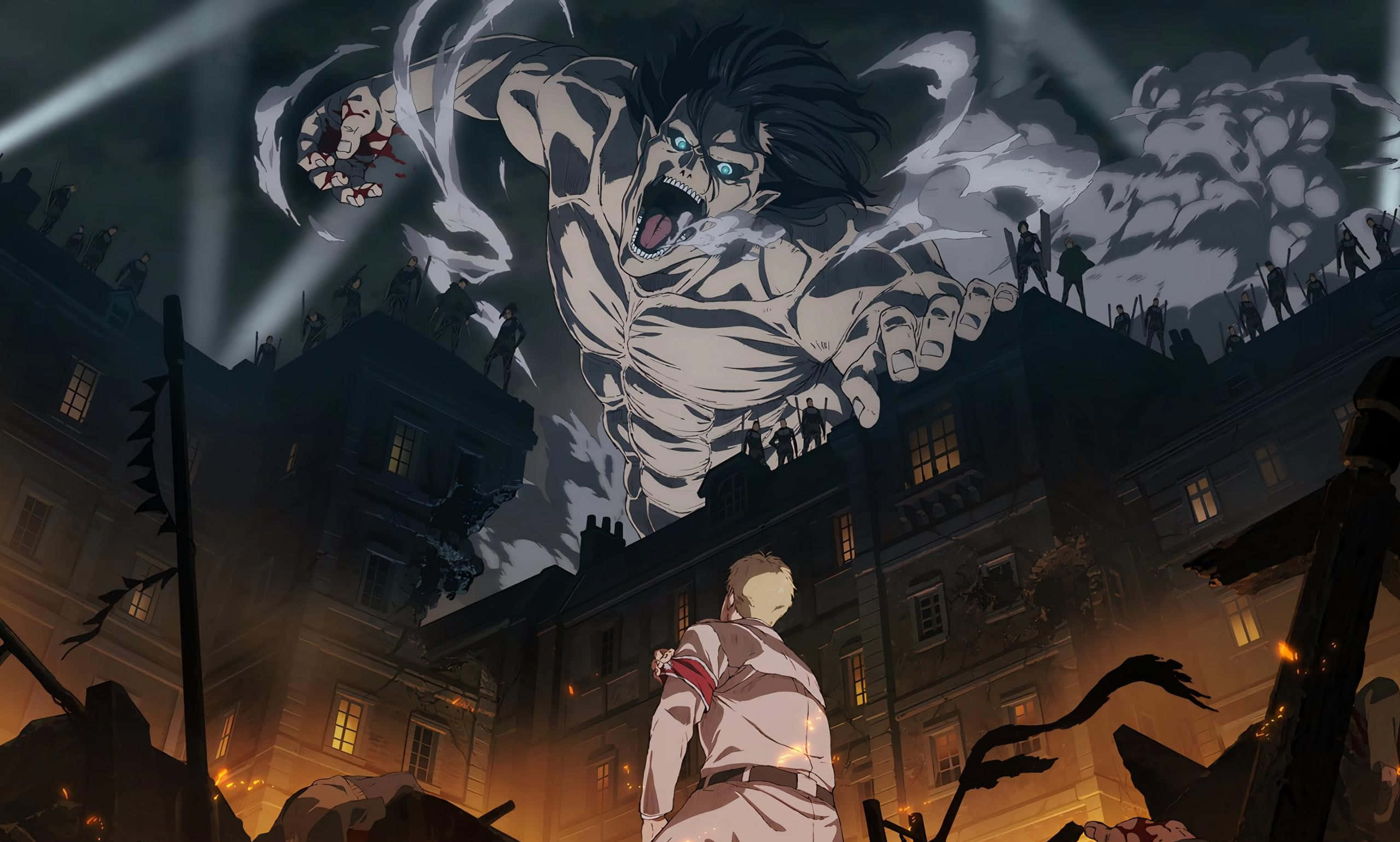 Eren Yeager en forma de titán atacando Fondos de pantalla