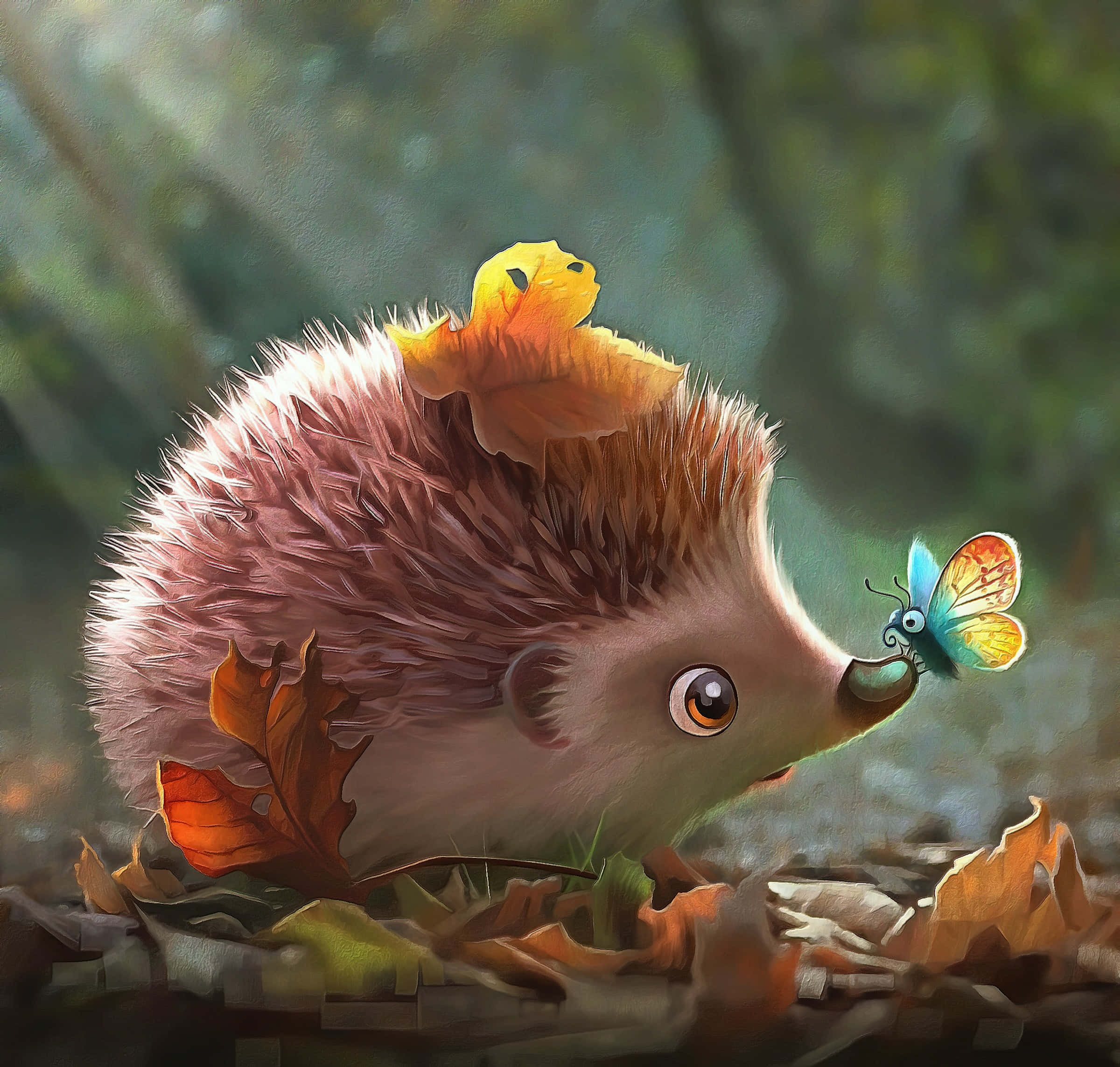 Erizo lindo en arte digital con hojas y mariposa Fondos de pantalla