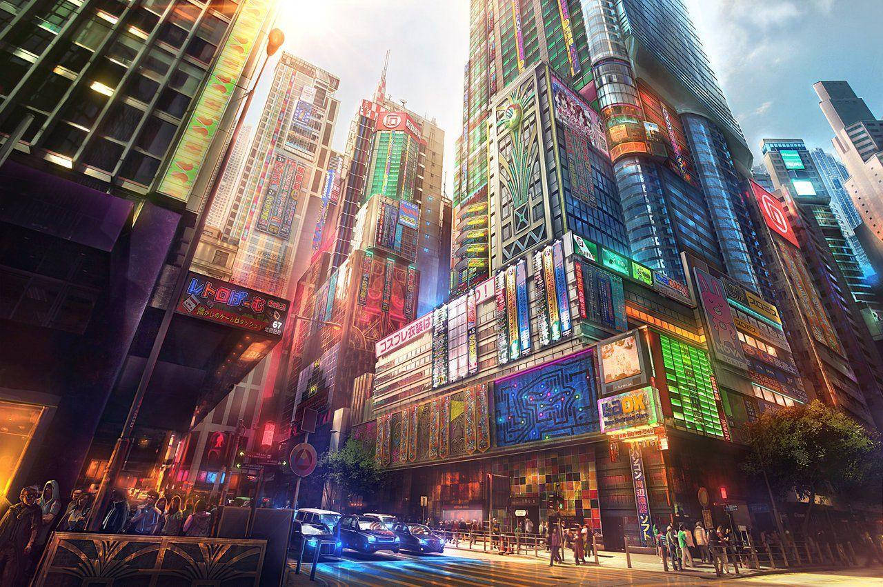 Escena adorable de película anime en una ciudad japonesa