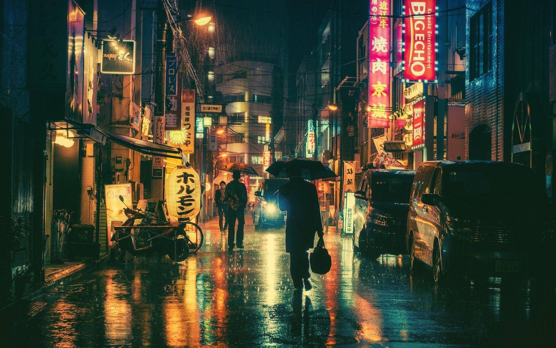 Escena Anime de Ciudad Japonesa con Anuncios Luminosos Fondos de pantalla