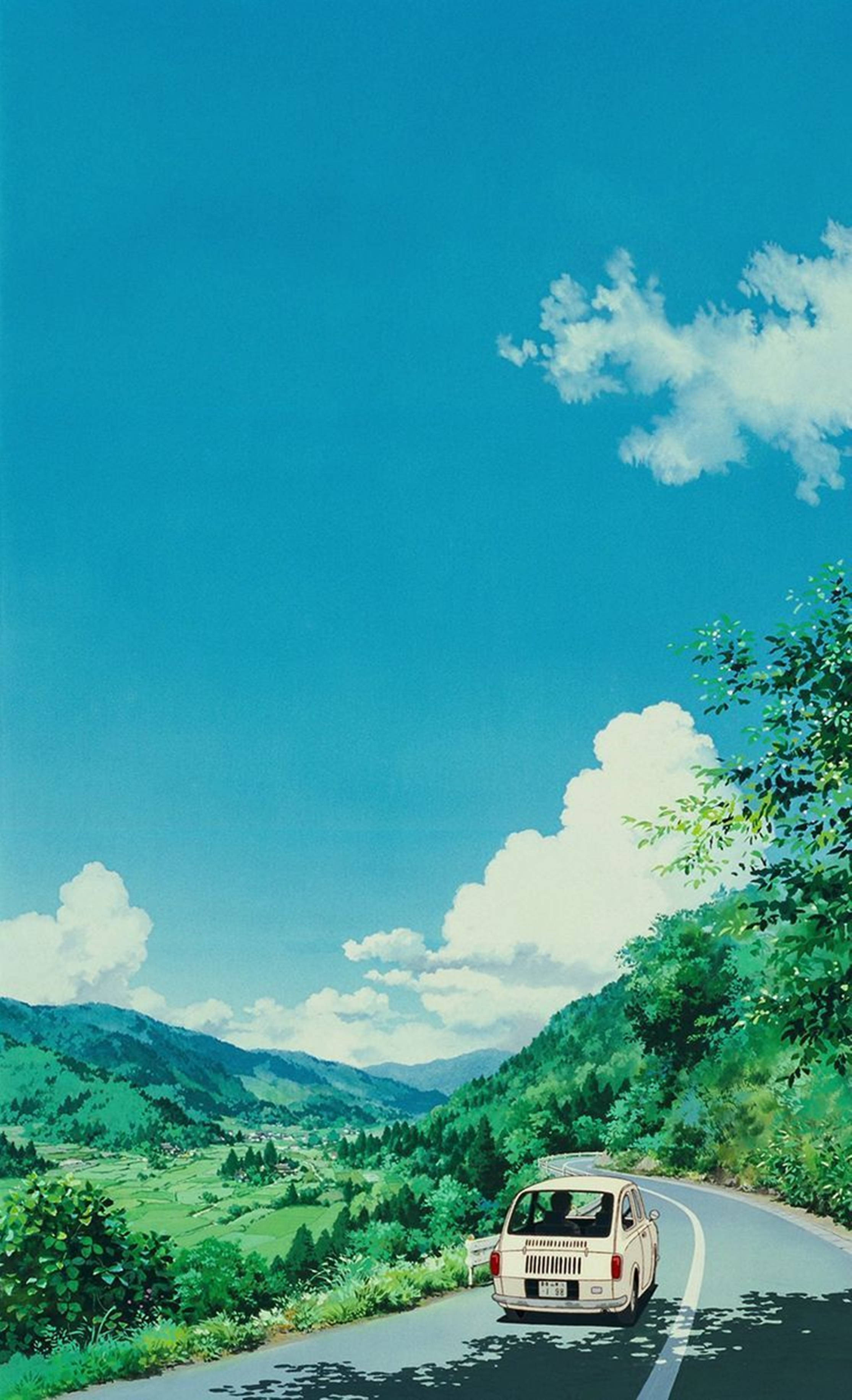 Escena Anime Lo Fi Coche Amarillo Viajando Paisaje Ghibli Fondos de pantalla