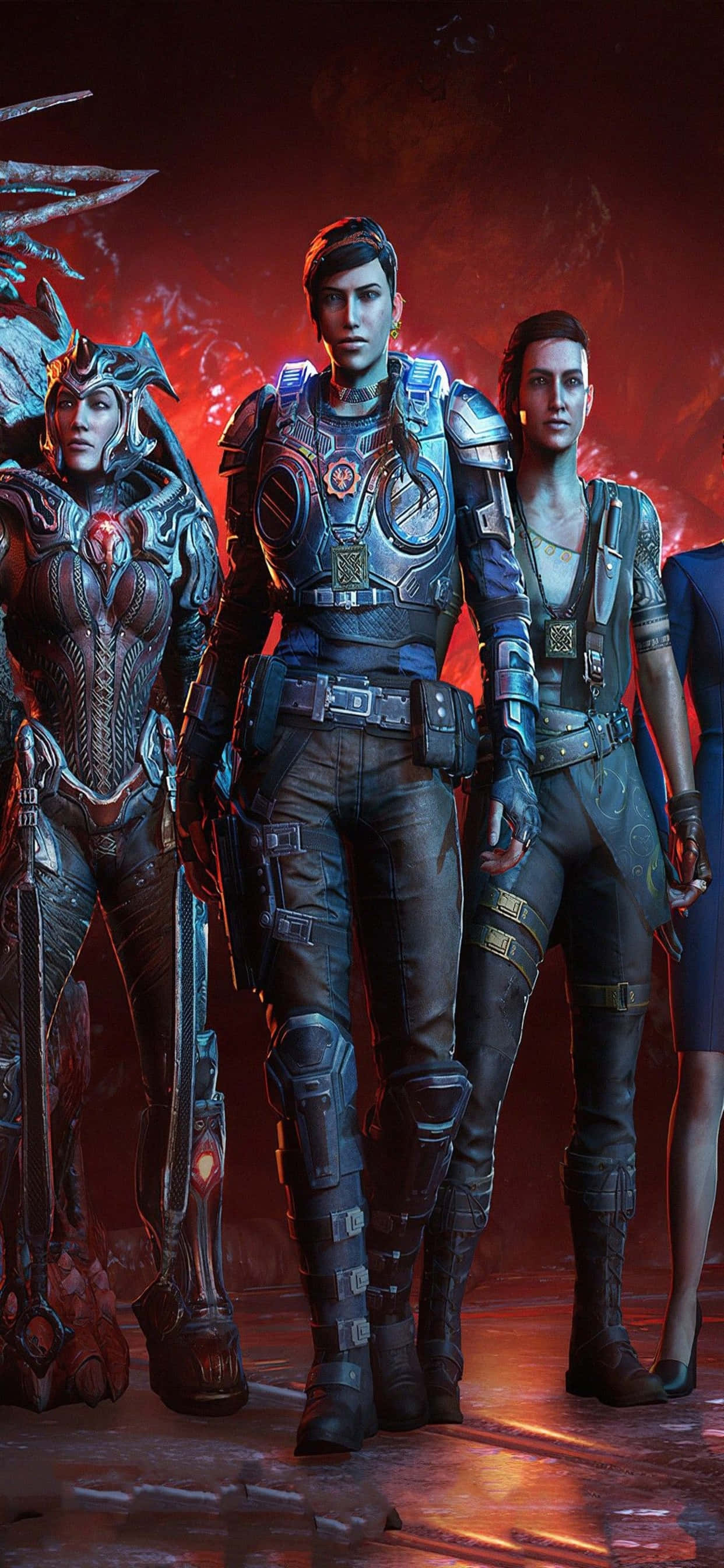 Escena de batalla épica mostrada en iPhone Xs Max con fondo de Gears of War 5 Fondos de pantalla
