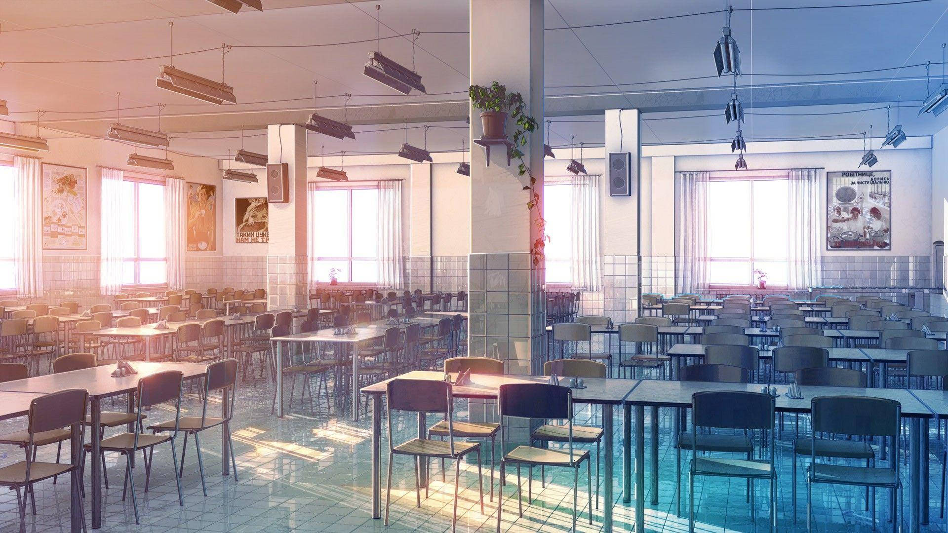 Escena de escuela anime: cafetería vacía al atardecer Fondos de pantalla