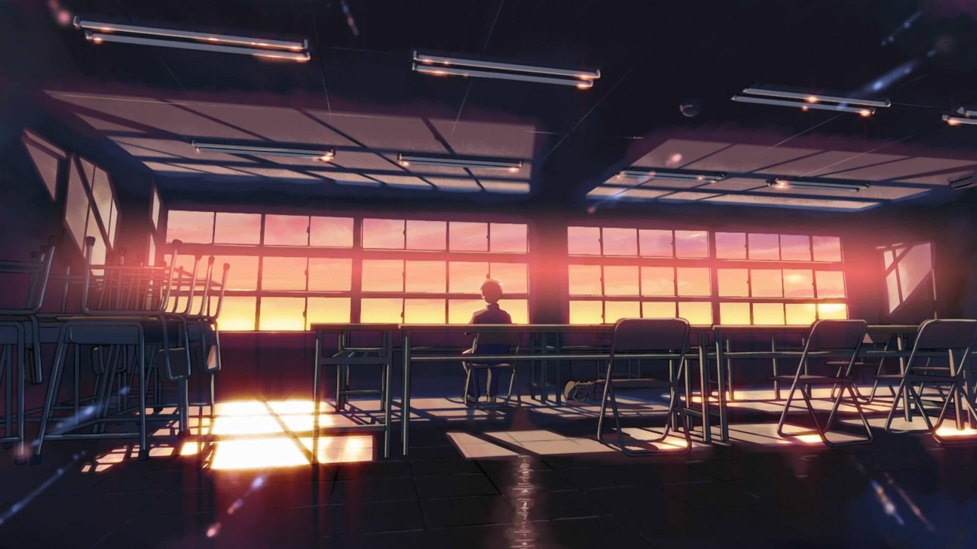 Escena de escuela anime: estudiante en aula después de clases Fondos de pantalla