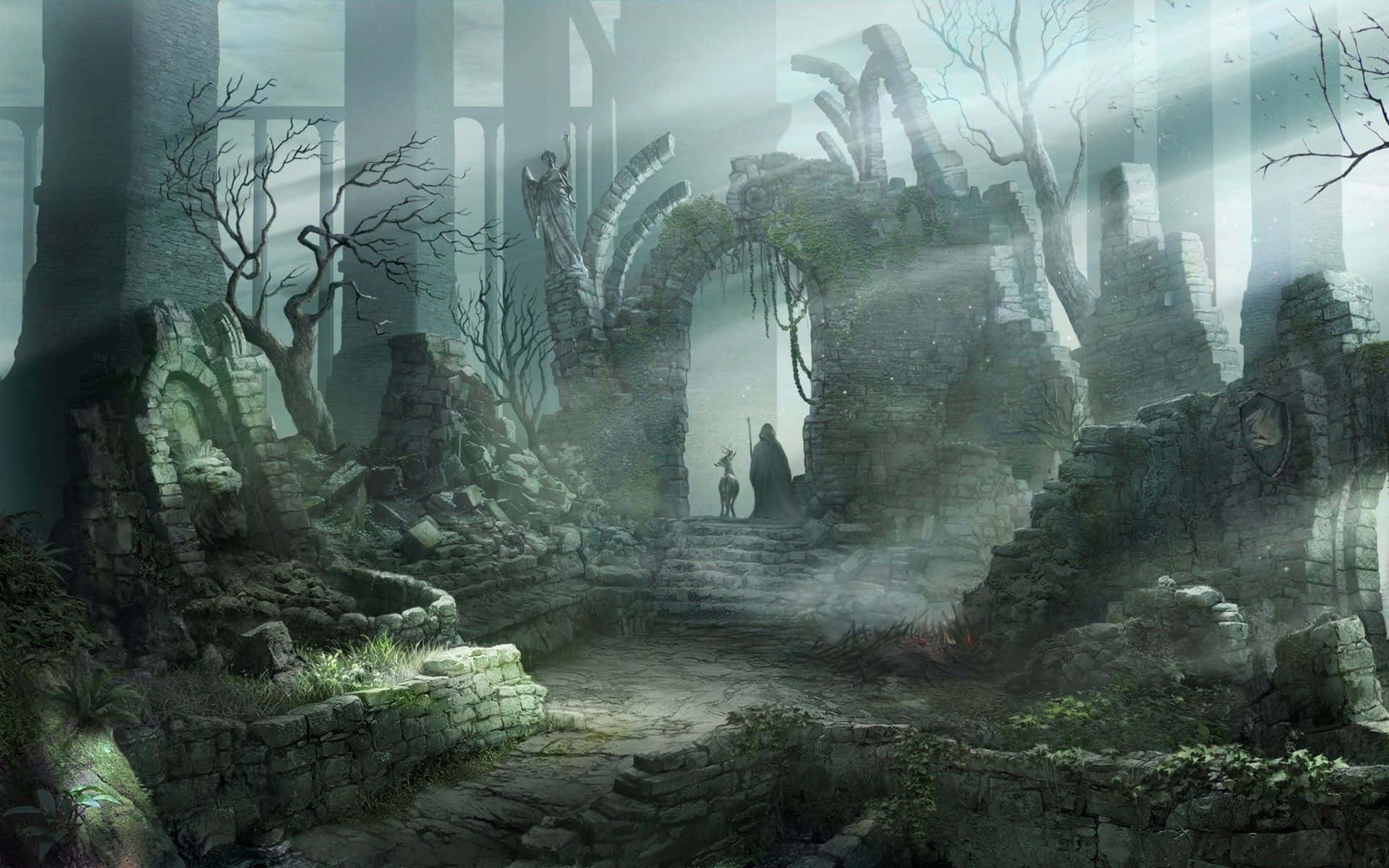 escena de fantasía con un castillo en ruinas y árboles Fondos de pantalla