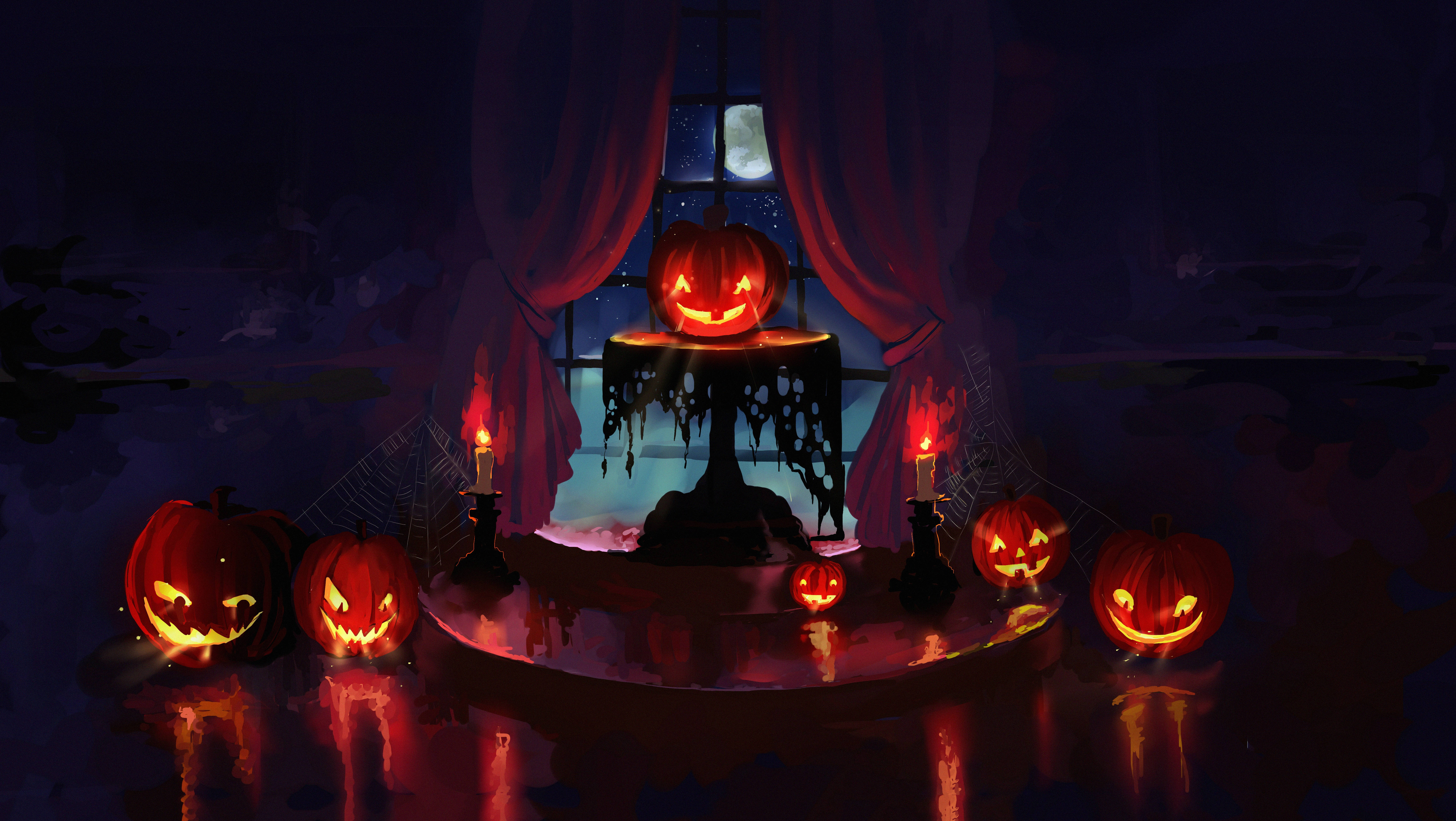 Escena escalofriante de Halloween con calabazas y velas Fondos de pantalla