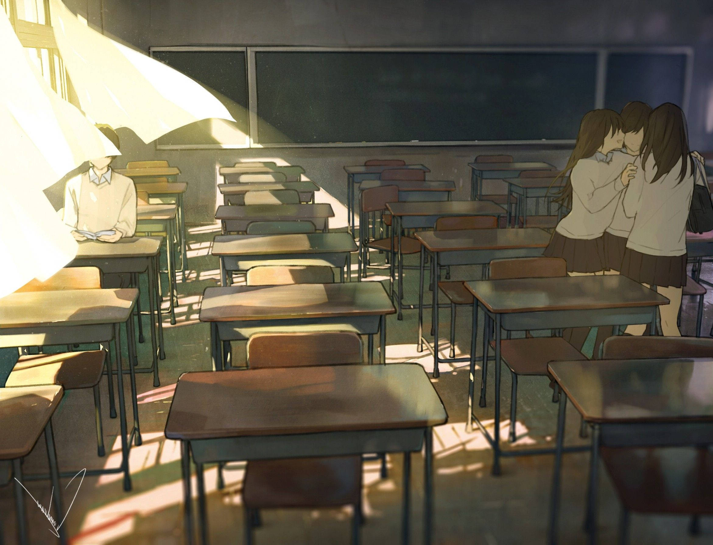 Escena escolar anime de estudiantes en aula oscura Fondos de pantalla