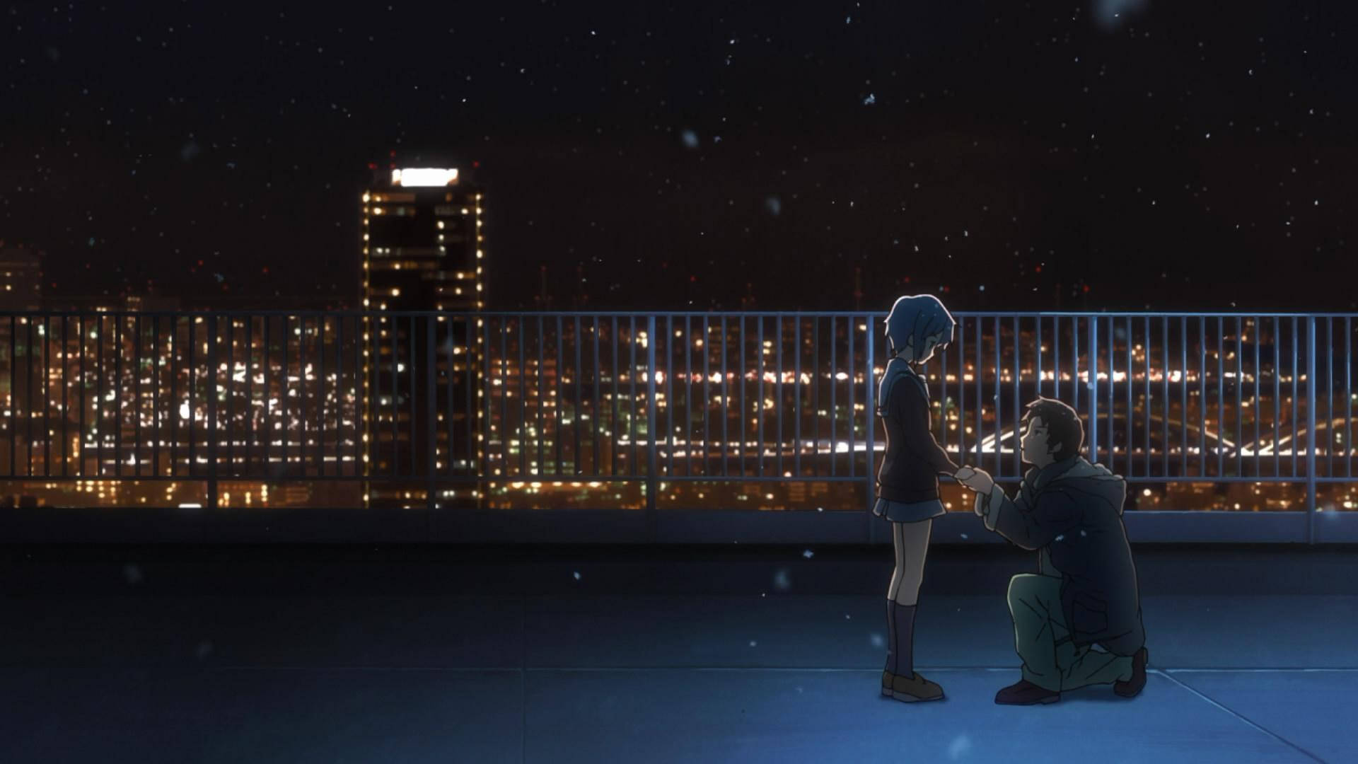 Escena escolar de anime con Yuki Nagato y Kyon en la azotea de noche Fondos de pantalla