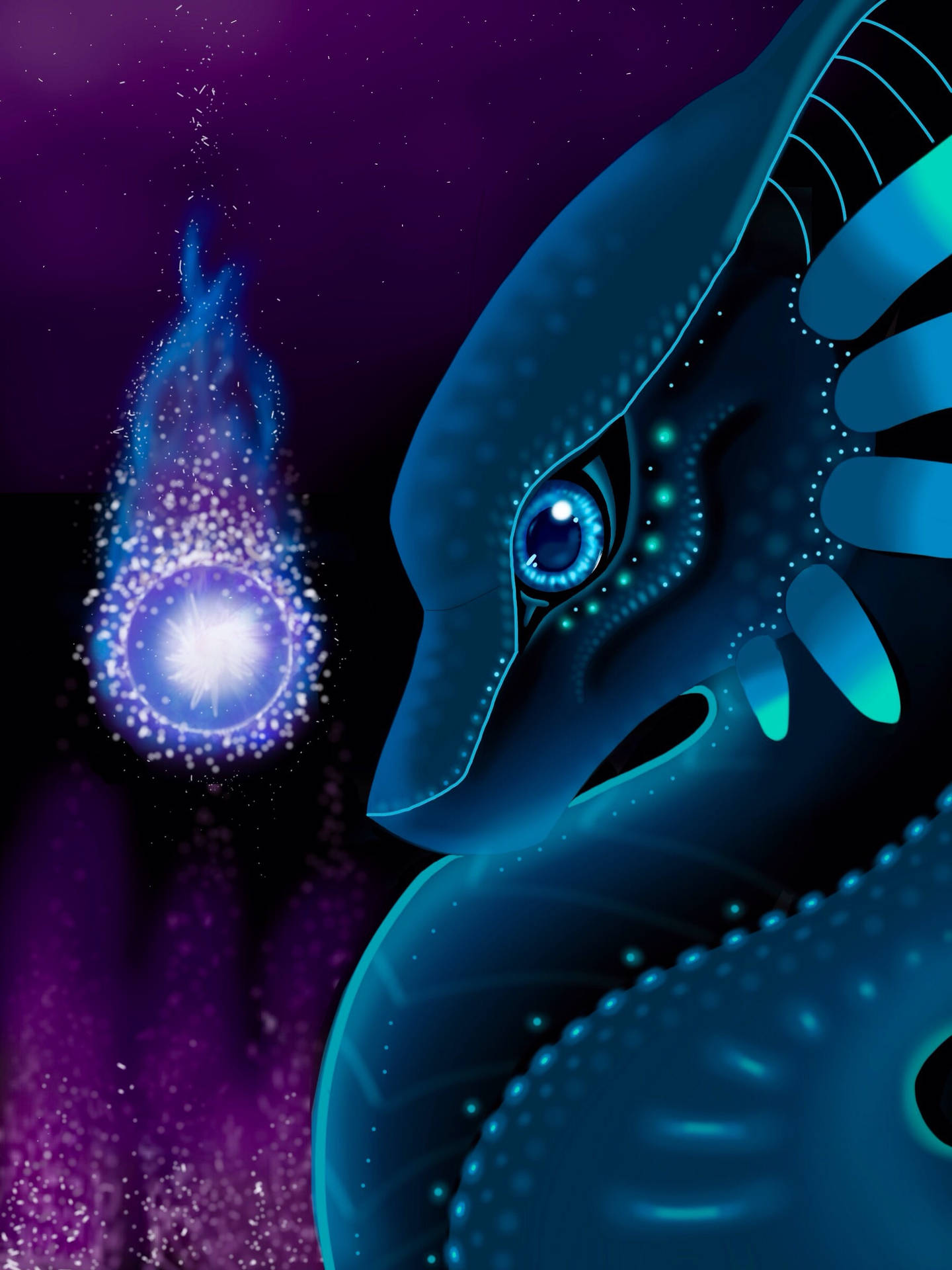 Dragon Ball, dragón azul mirando una bola de fuego violeta, personaje de anime.
