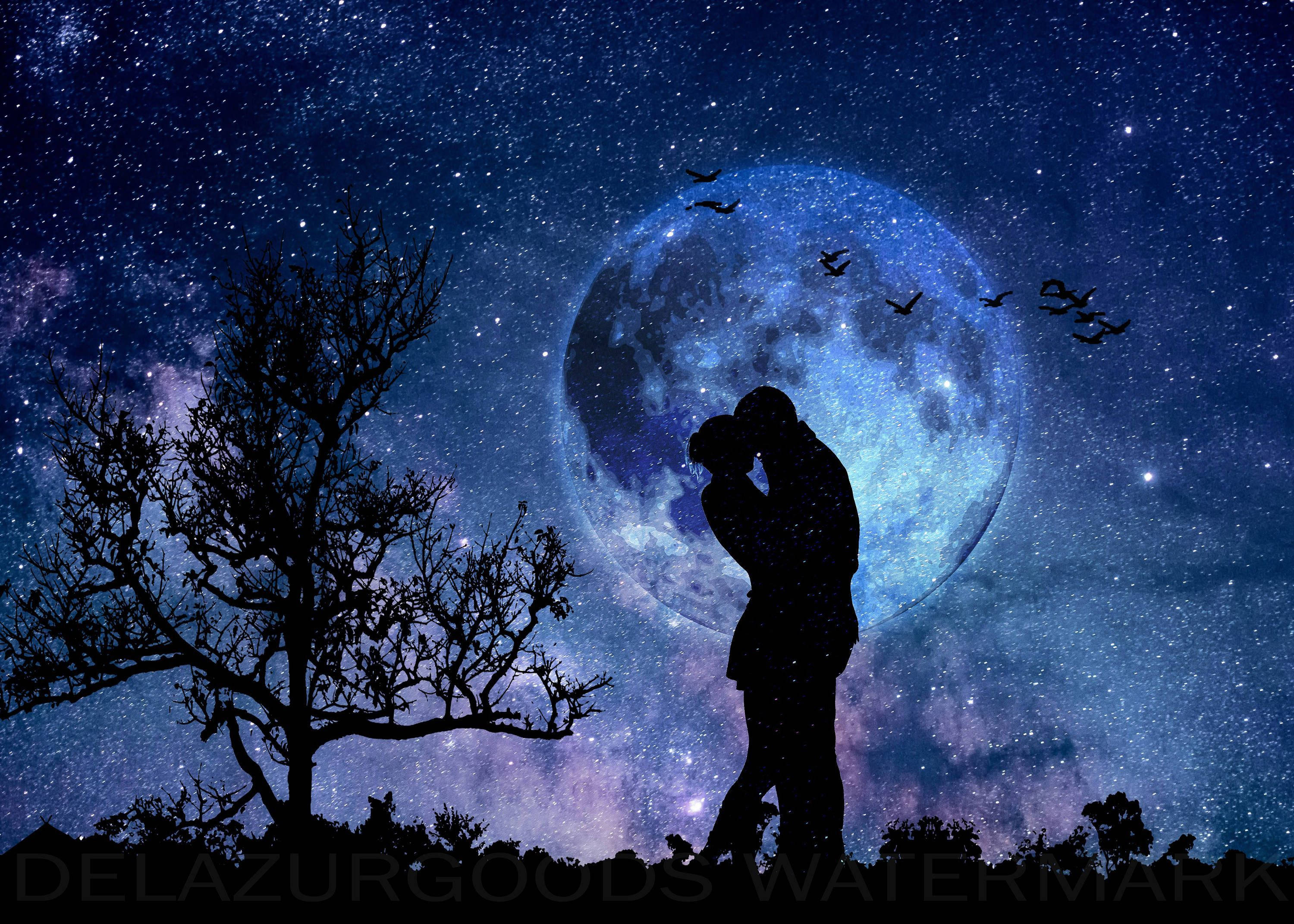 Escena romántica presenciada por la luna Fondos de pantalla