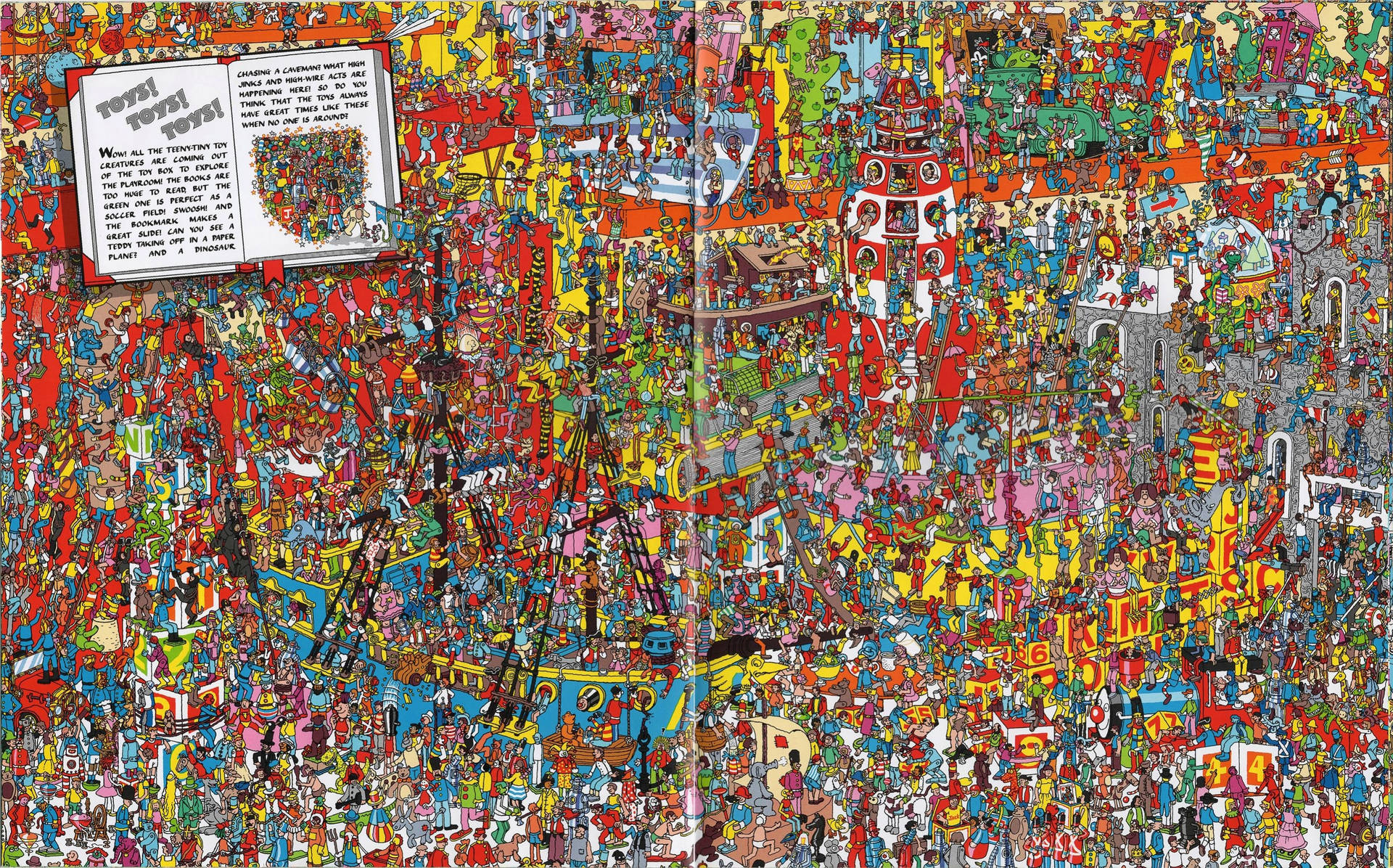 Escena vibrante e intrigante de ¿Dónde está Wally? con criaturas de juguete en miniatura, desencadenando una emocionante búsqueda.