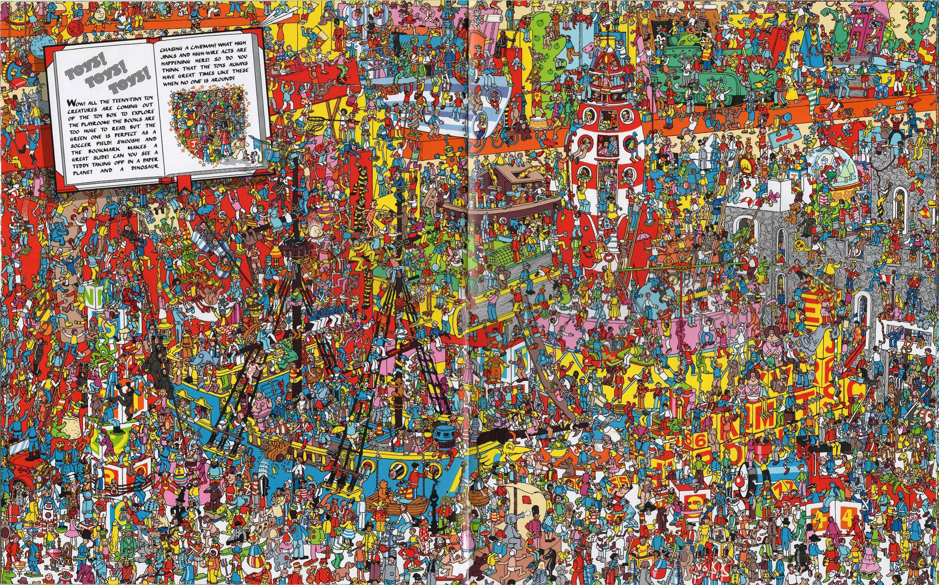 Escena vibrante e intrigante de ¿Dónde está Wally? con criaturas de juguete en miniatura, desencadenando una emocionante búsqueda. Fondos de pantalla
