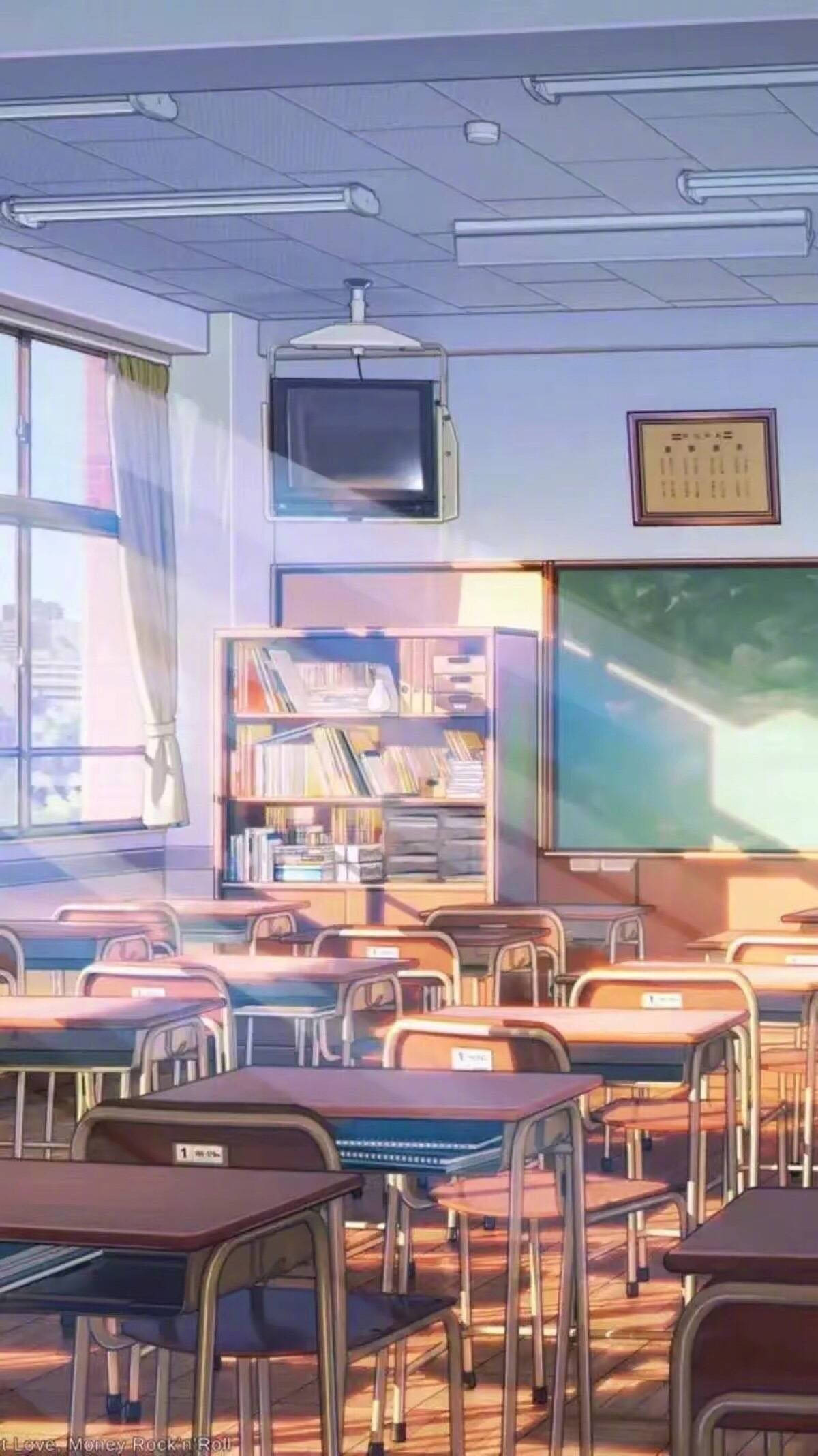 Escenario escolar de anime: aula con televisor Fondos de pantalla