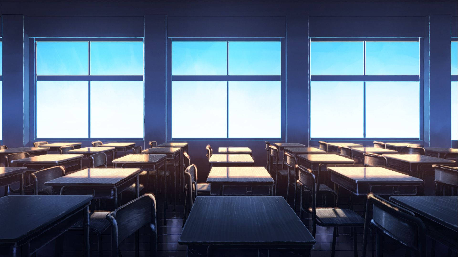Escenario escolar anime de un salón de clases vacío con vista a la ventana Fondos de pantalla