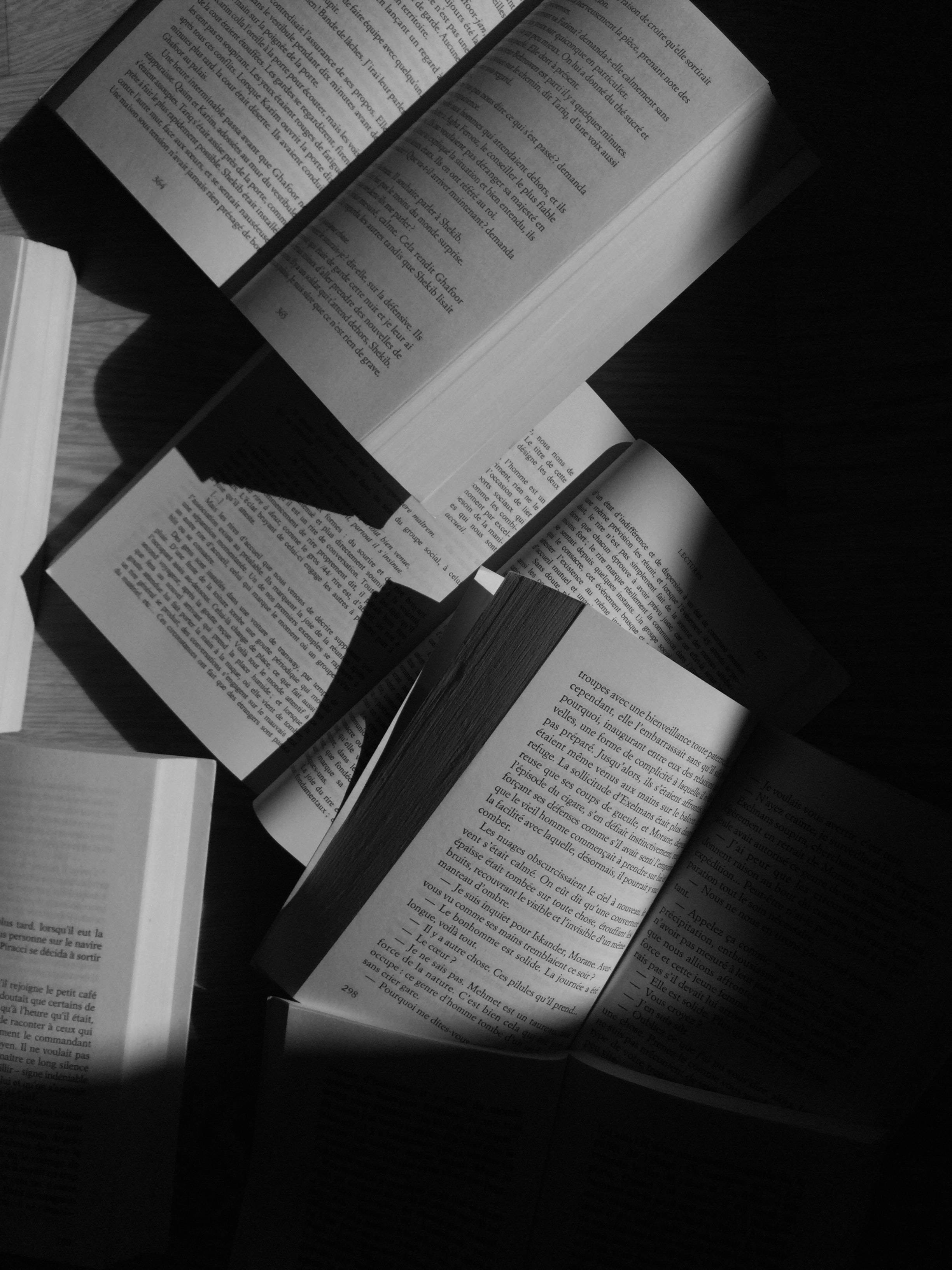 Escritorio de libros estético en escala de grises Fondos de pantalla