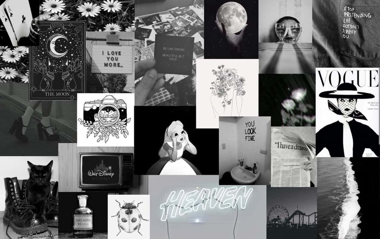 Escritorio estético de collage de caricaturas en negro Fondos de pantalla