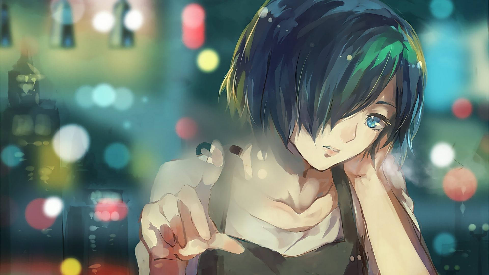 Fondo de pantalla de chica anime de pelo negro corto tocando un vidrio de ventana