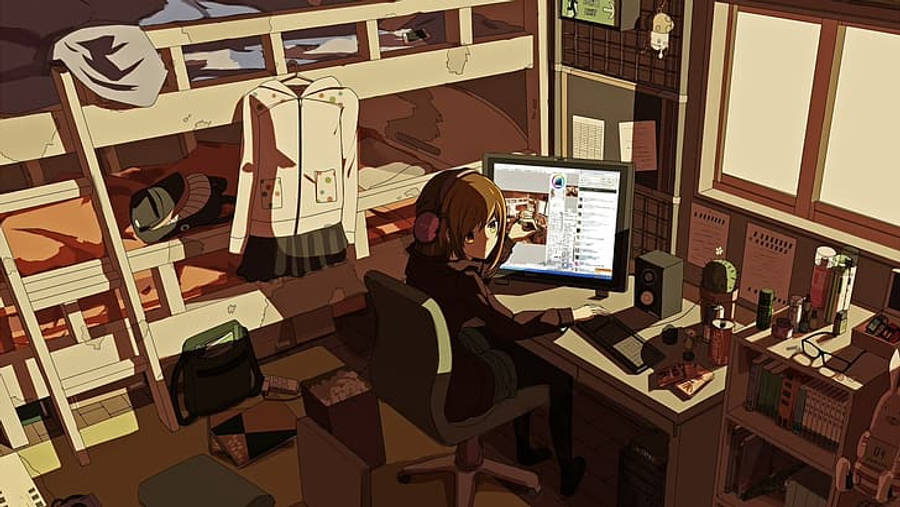 Estación de trabajo con laptop de chica anime iluminada por sombras Fondos de pantalla