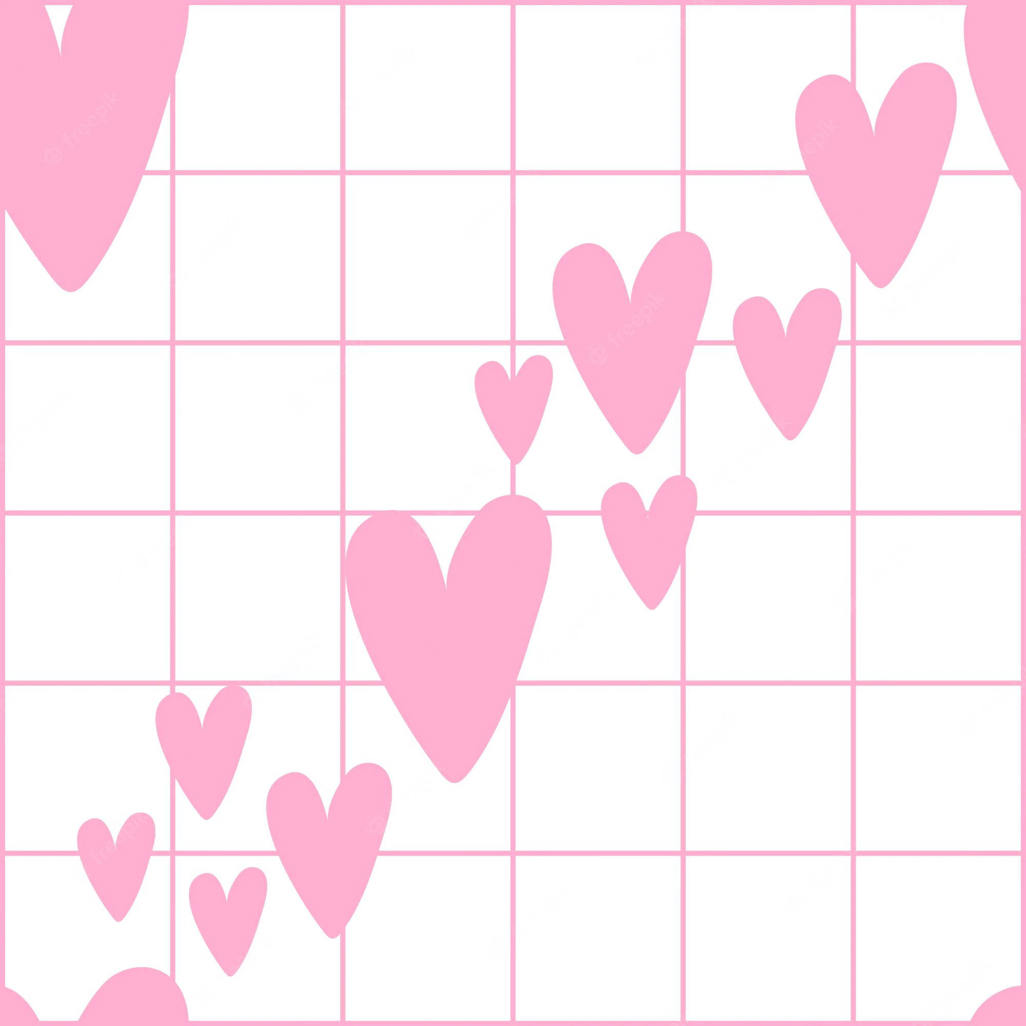 Estética de Cuadrícula Blanca y Rosa con Corazones Fondos de pantalla