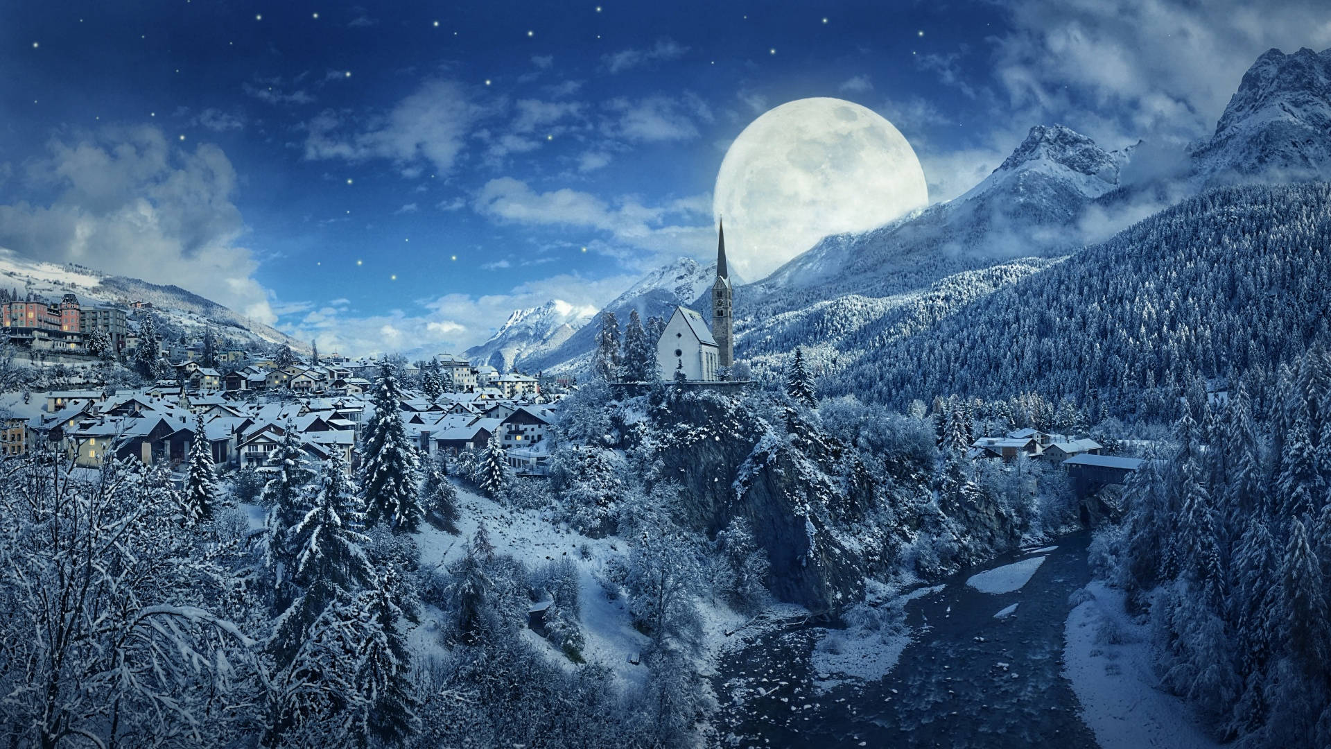 Estética invernal con gran luna y pueblo Fondos de pantalla