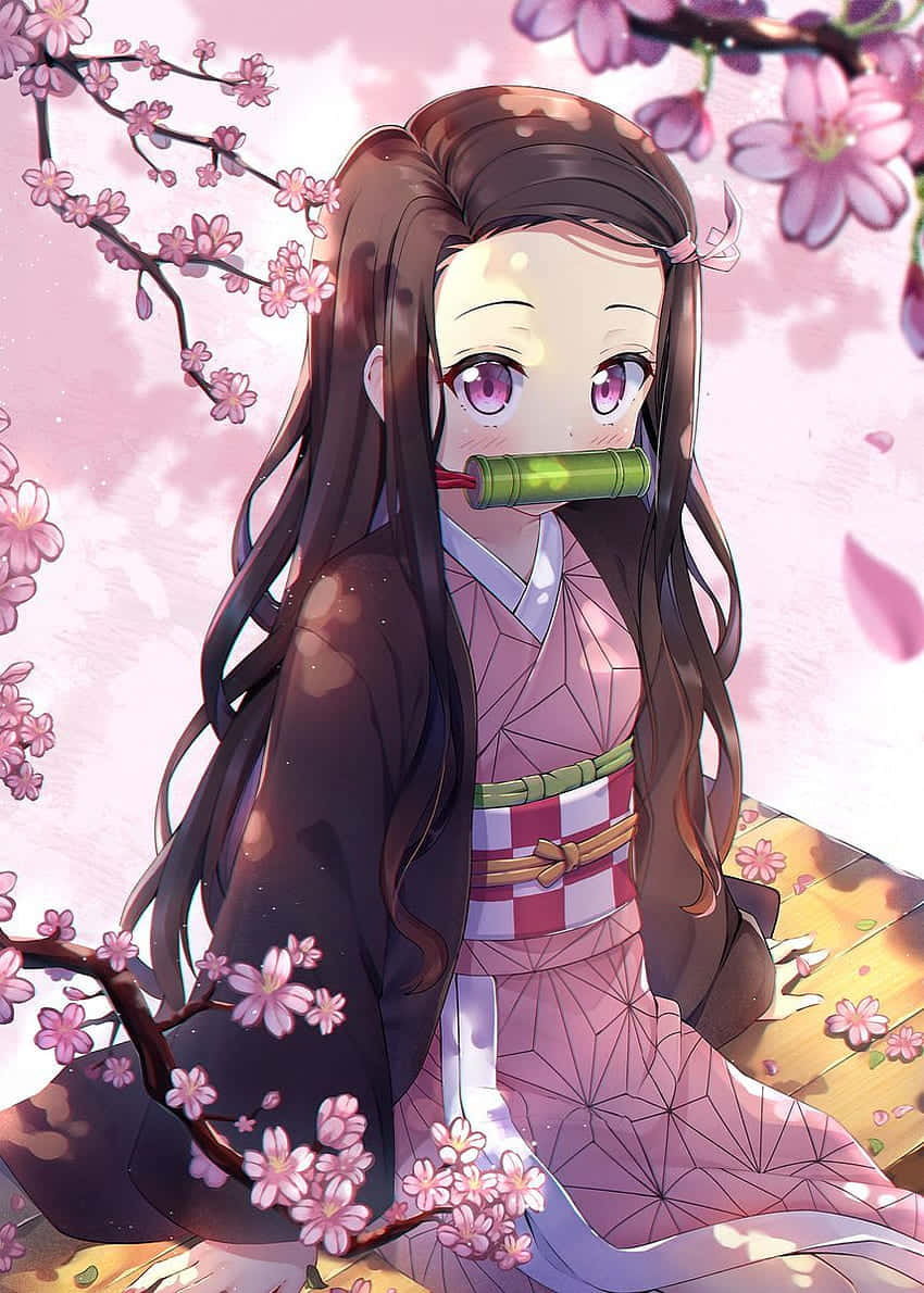 Estética linda de Nezuko Kamado con Sakura Fondos de pantalla