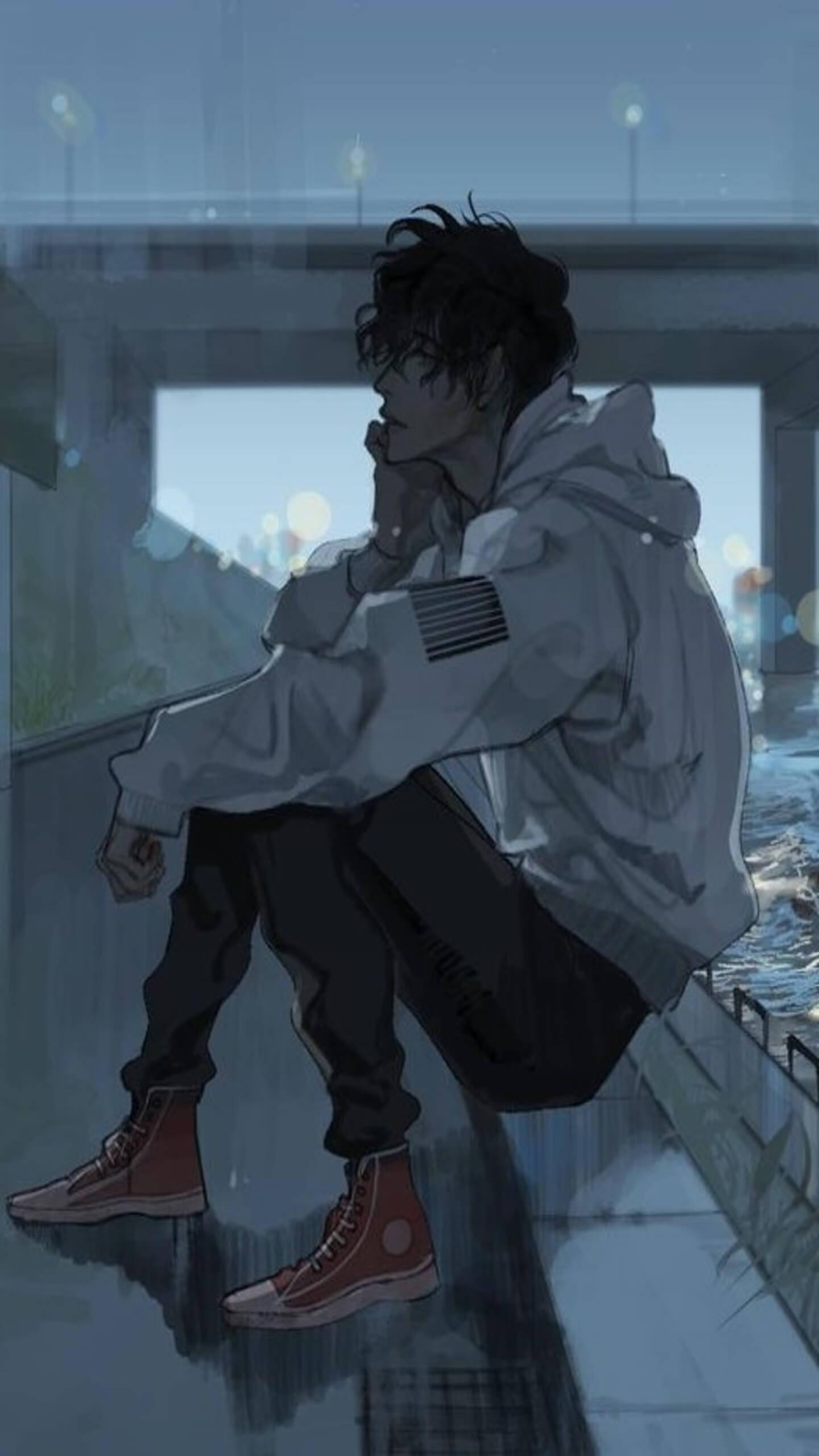 Estética triste de anime con chaqueta blanca Fondos de pantalla
