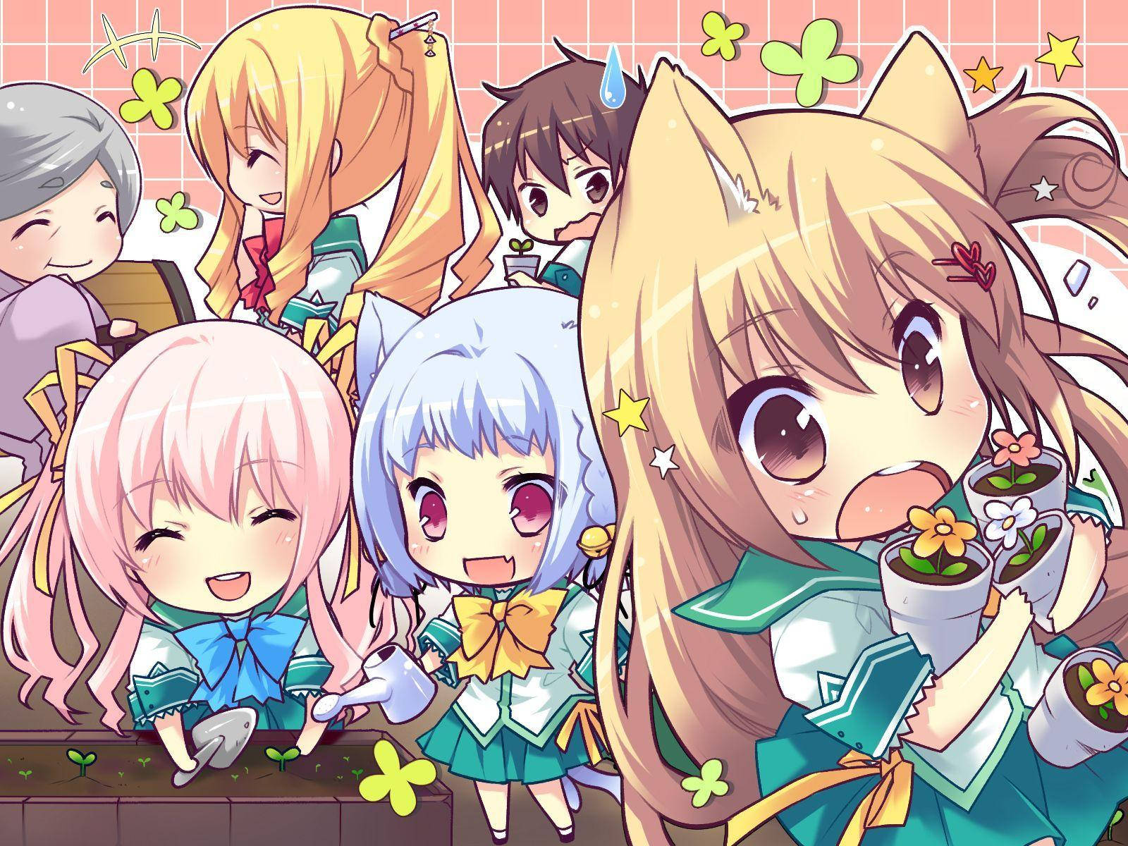 Estudiantes de anime kawaii haciendo jardinería Fondos de pantalla