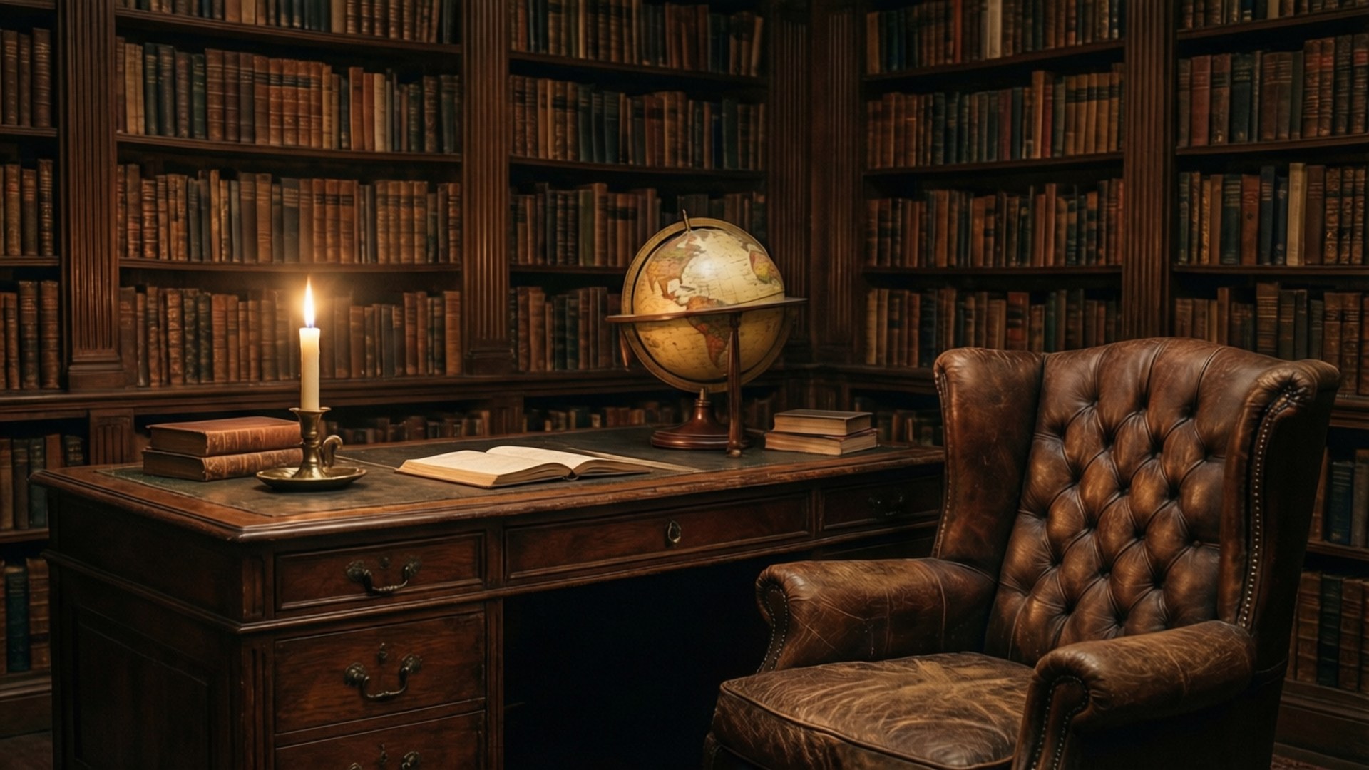 Estudio de biblioteca iluminado con velas Fondos de pantalla