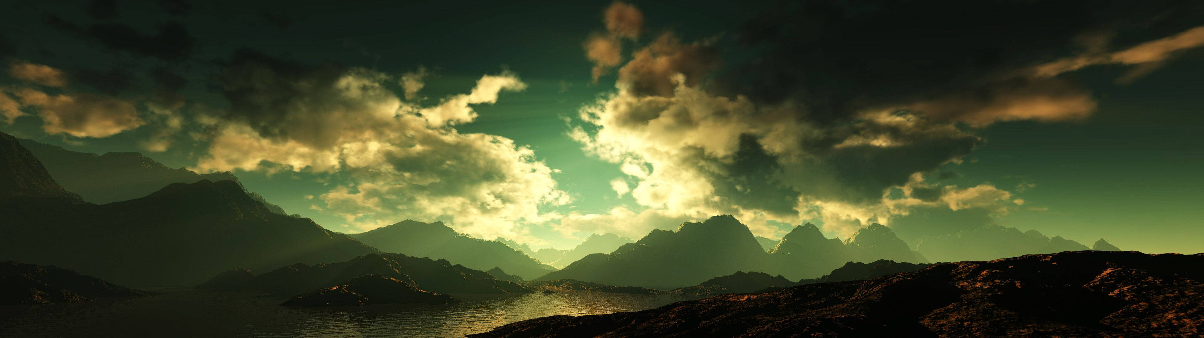 Fondo de pantalla de doble monitor con cielo verde, nubes y luz solar