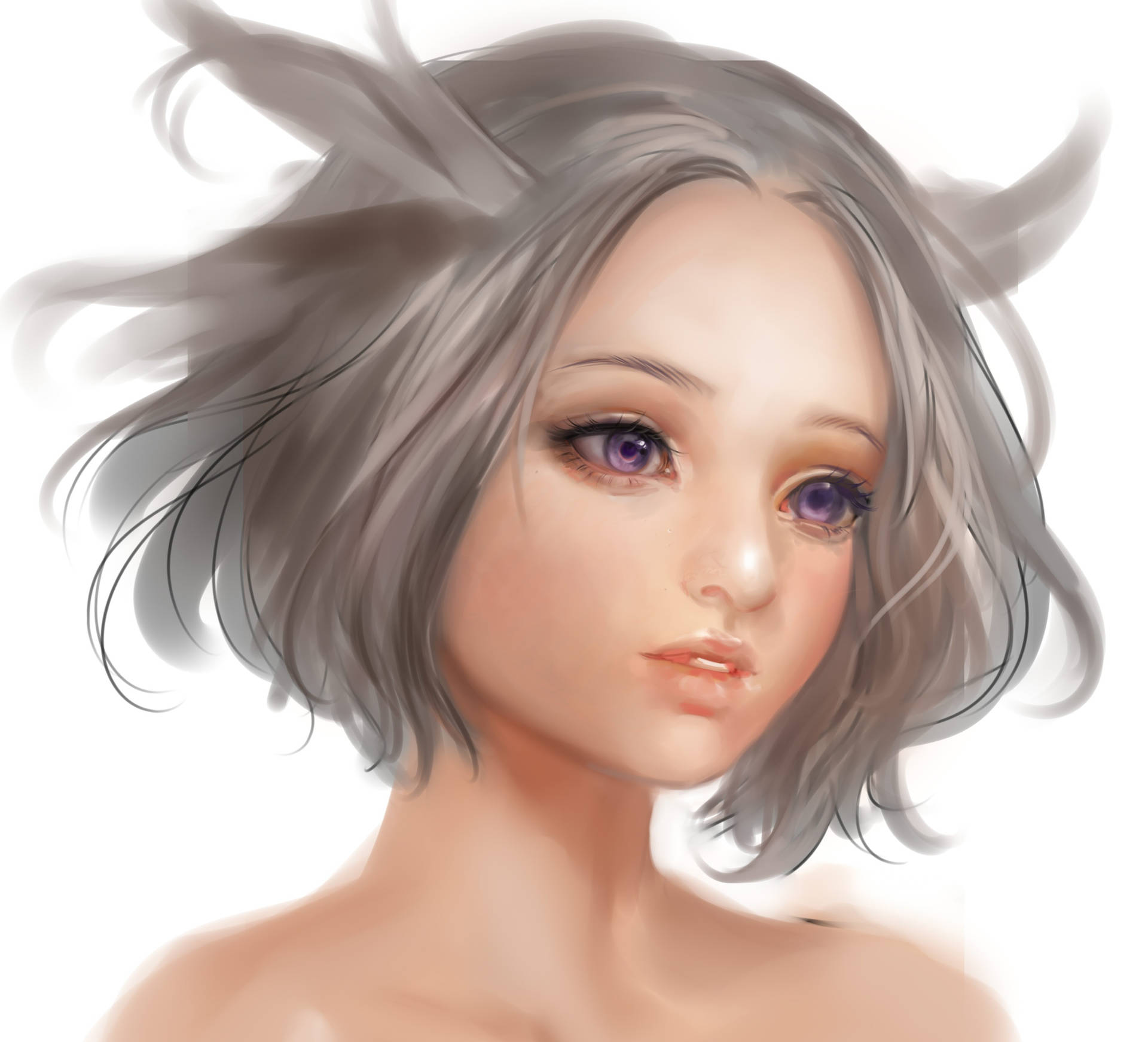 Fondo de pantalla de arte digital 3D de chica anime con cabello corto blanco y ojos morados