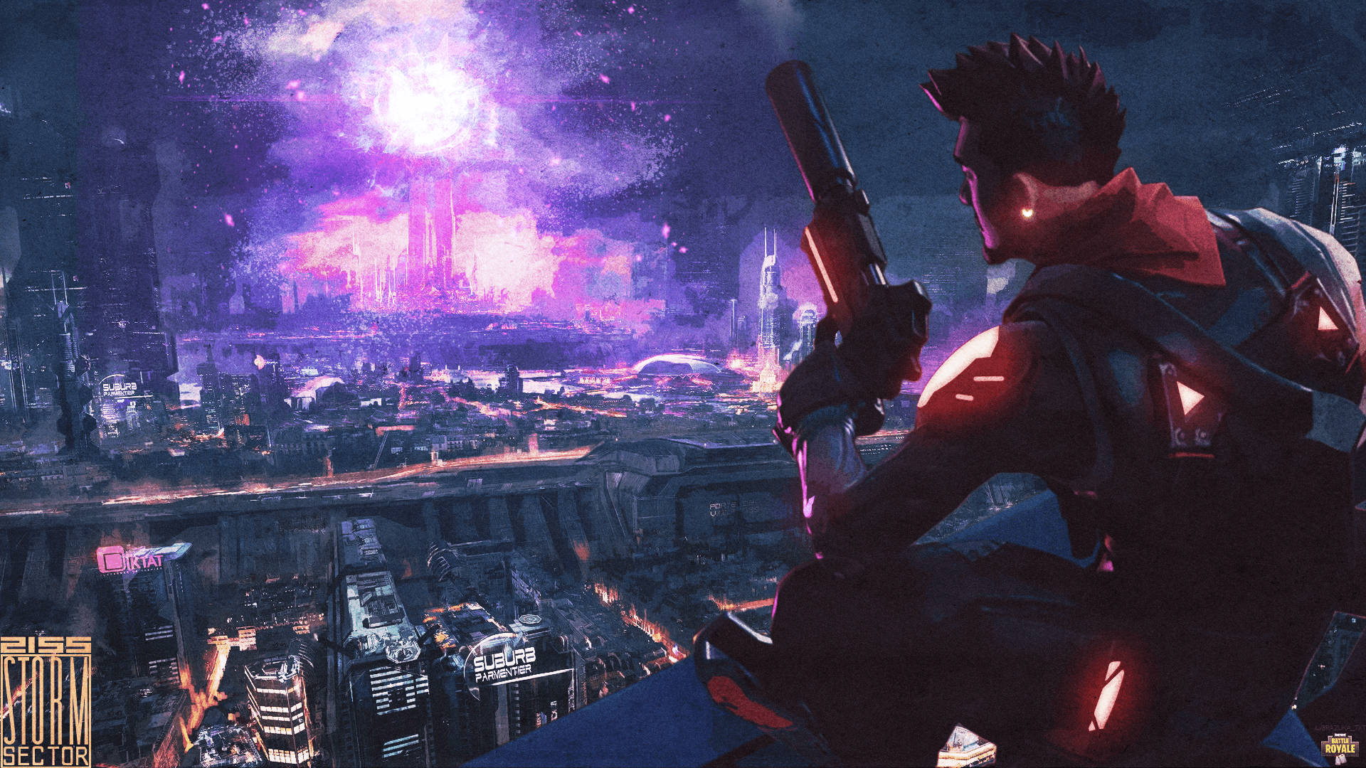 Un personaje del juego Fortnite sosteniendo un arma y disfrutando de una vista nocturna, fondo de pantalla HD. — Fortnite Fondos de pantalla