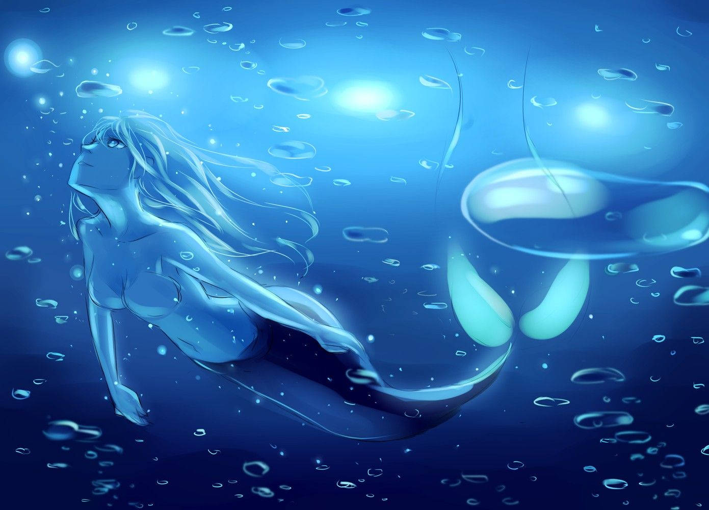 Fondo de pantalla de gotas de agua de sirena azul luminoso.