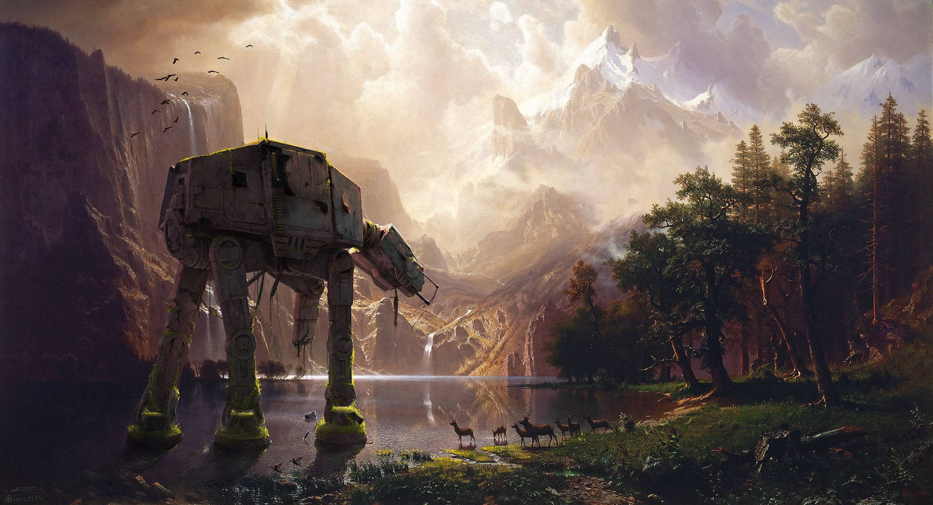 Fondo de pantalla de Star Wars de un robot dinosaurio caminando sobre una montaña con ciervos y árboles