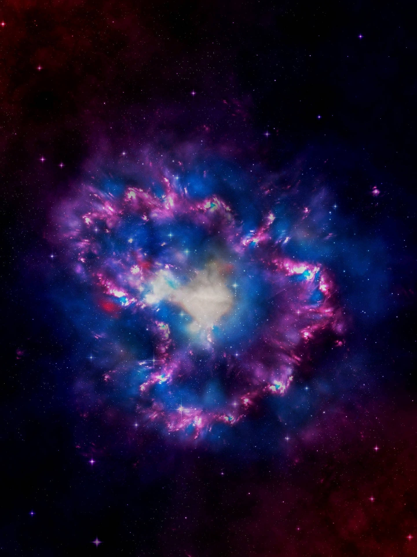 Fondo de pantalla del espacio exterior de galaxia irregular púrpura y azul, estrellas y polvo cósmico