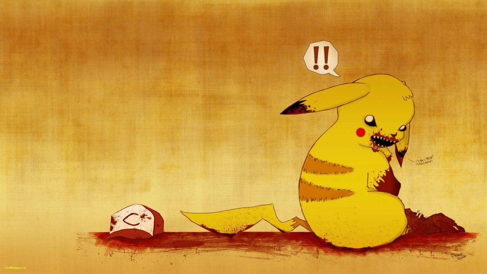 Fondo de pantalla de un fan art oscuro de Pikachu donde se come a su entrenador Ash.