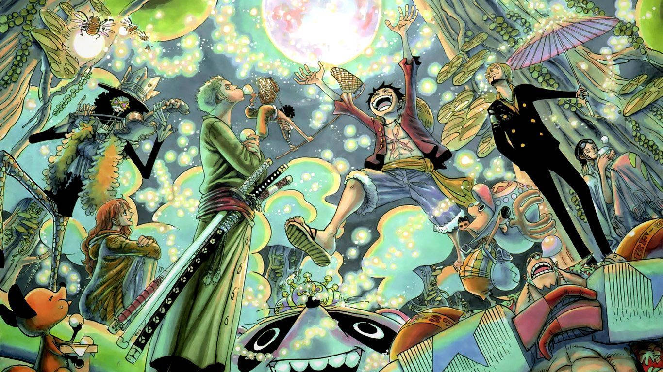 Piratas de Sombrero de Paja en un fanart estético azul verde azulado de One Piece. — One Piece Fondos de pantalla