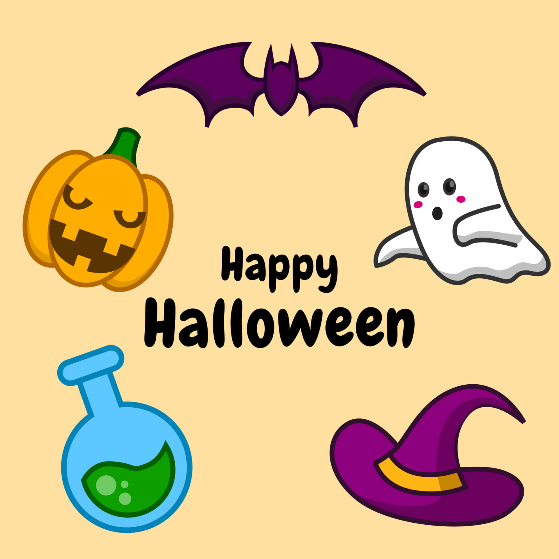 feliz halloween con un murciélago, una bruja, un murciélago y una poción Fondos de pantalla