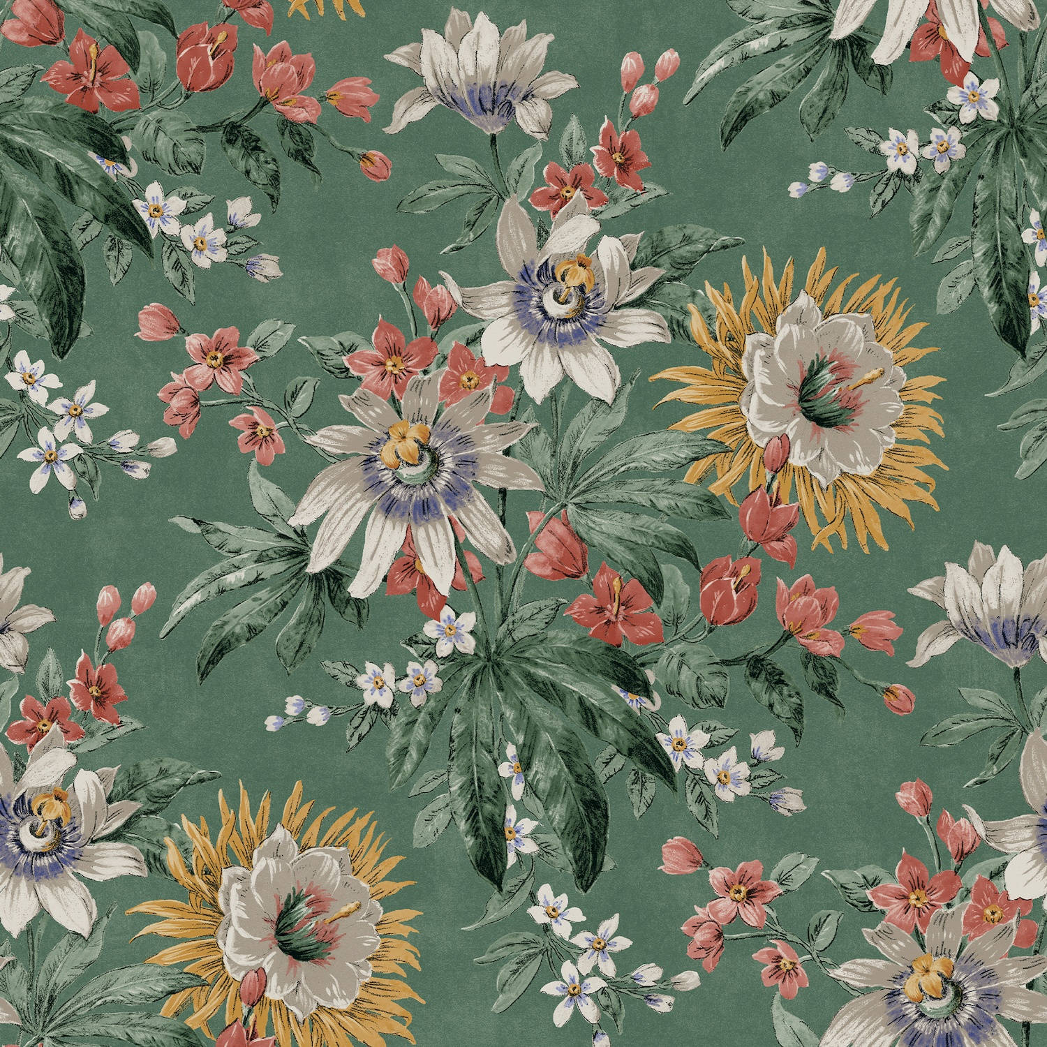 Flores y Hojas Pintadas en Verde Viridián Fondos de pantalla