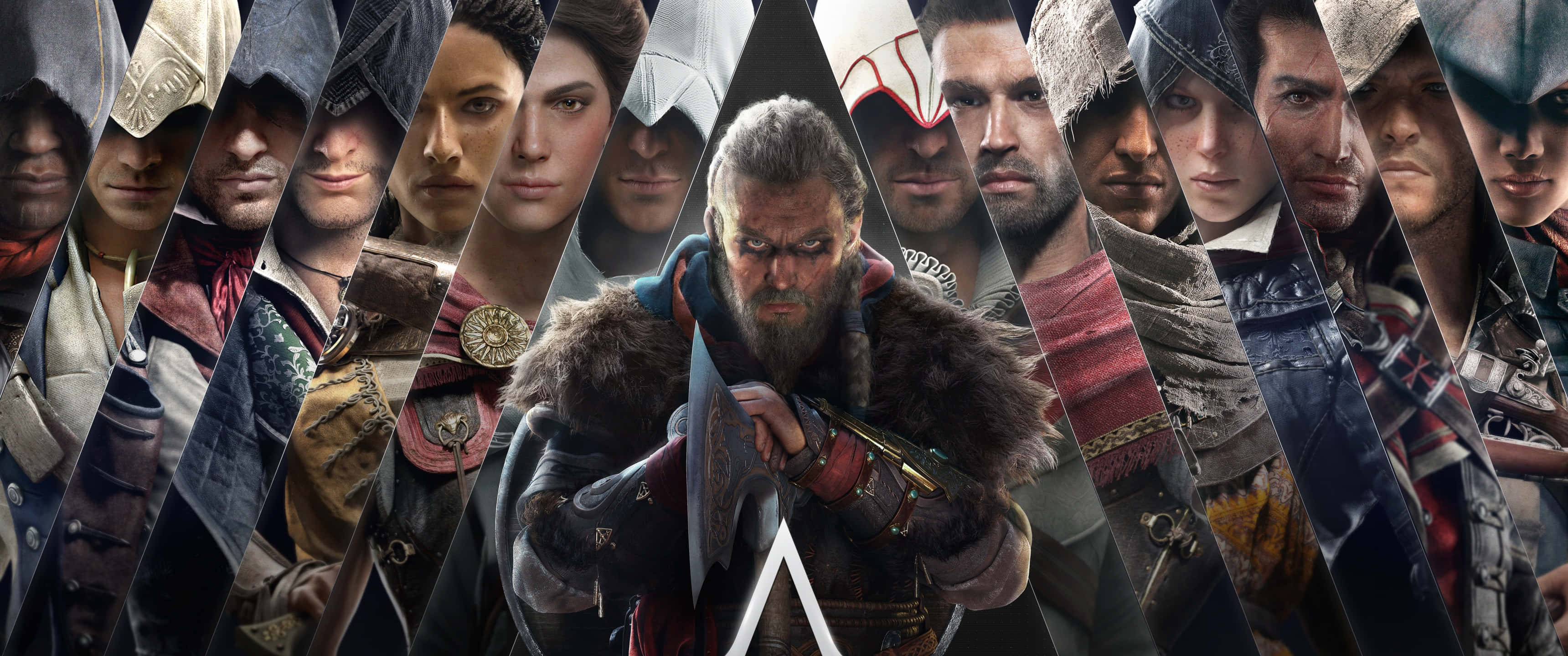 Fondo 3440x1440p de Assassin's Creed Odyssey con los principales asesinos de la serie Fondos de pantalla