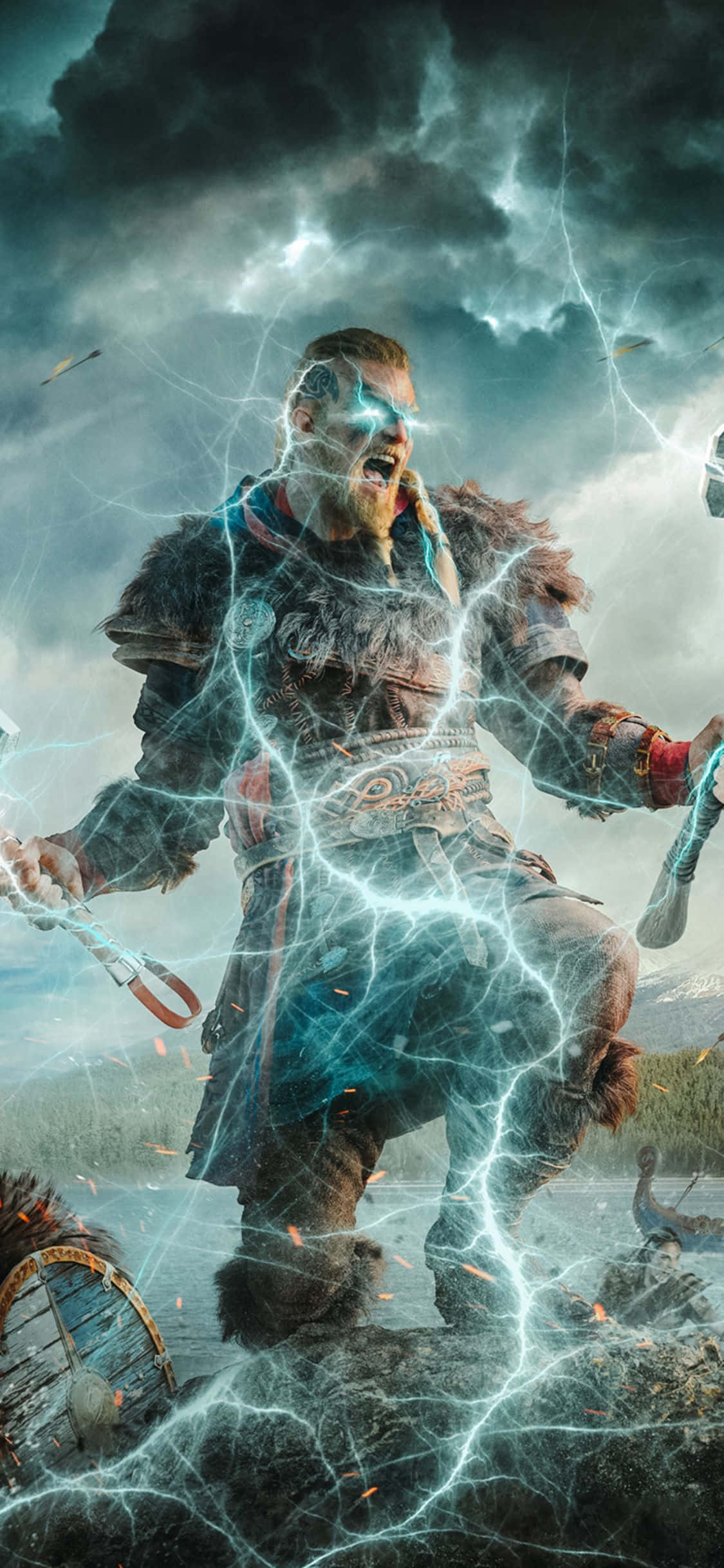 Fondo de Assassin's Creed Valhalla Eivor con Efecto de Rayo para iPhone XS Fondos de pantalla